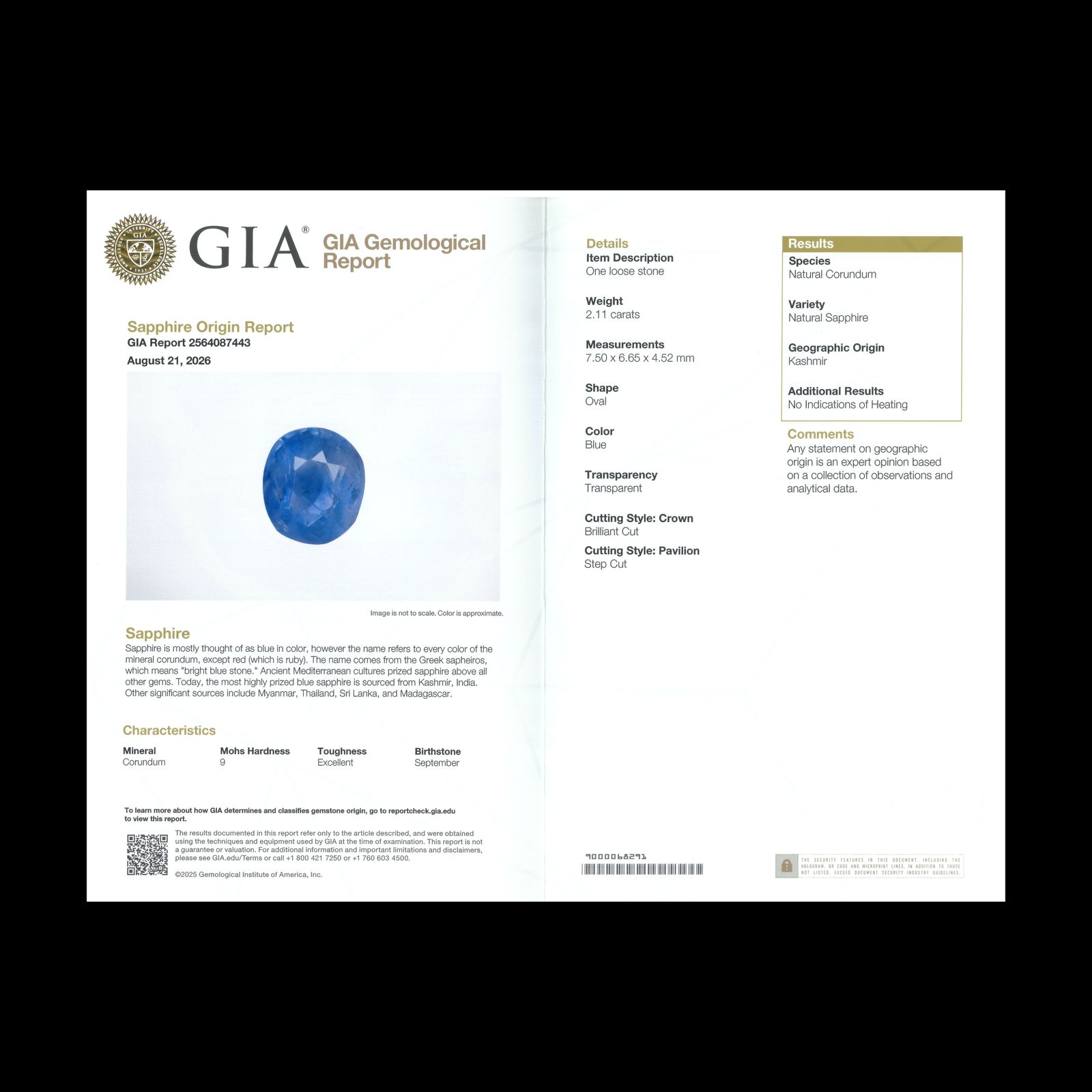 カシミールサファイア 非加熱(宝石名サファイア)インド・カシミール地方産 GIA鑑付 2.11ct / 7.5x6.65mm前後 [260933201]
