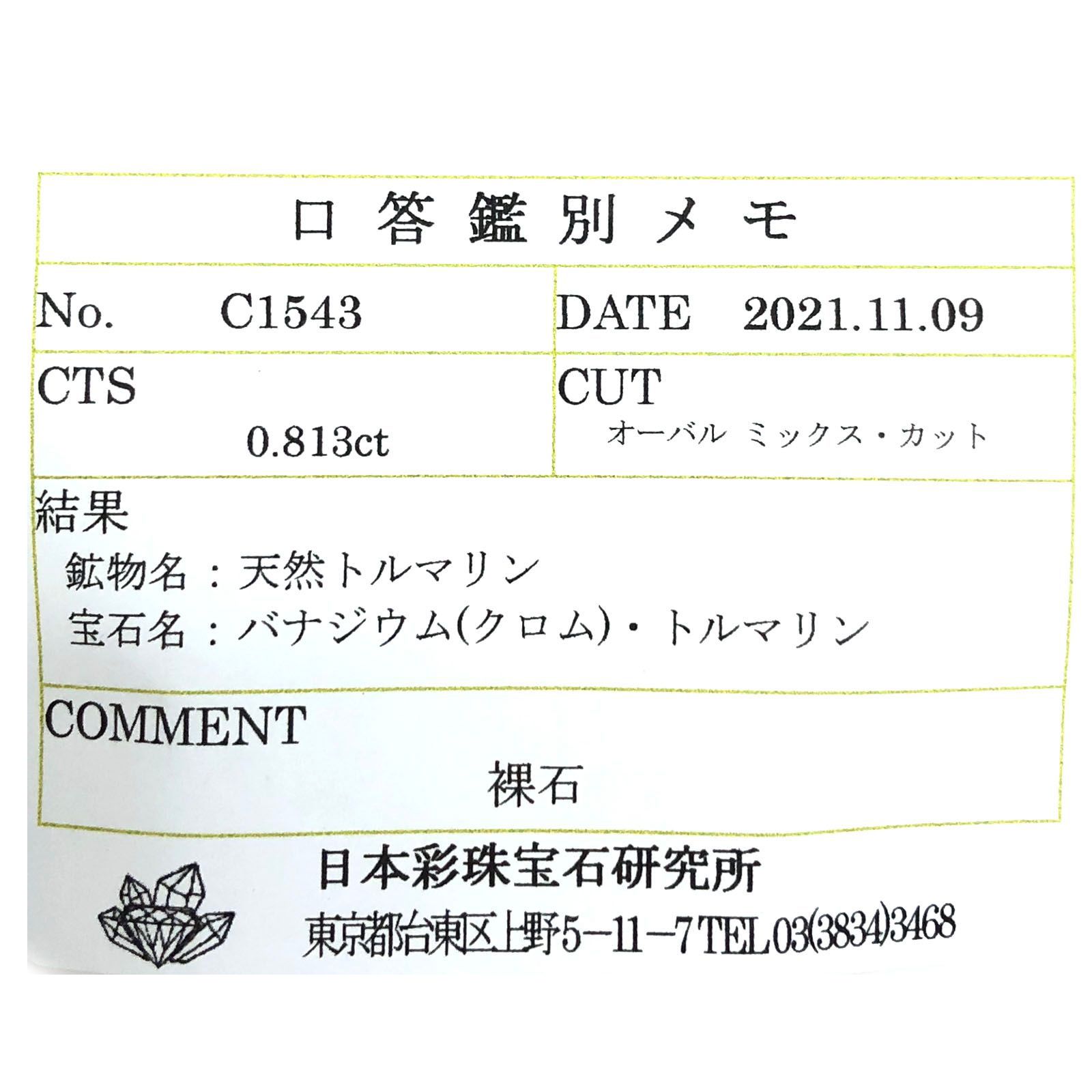 クロムトルマリン(宝石名バナジウム(クロム)・トルマリン)タンザニア産 0.813ct ソ付(彩珠)[230823071]6.7x5mm前後