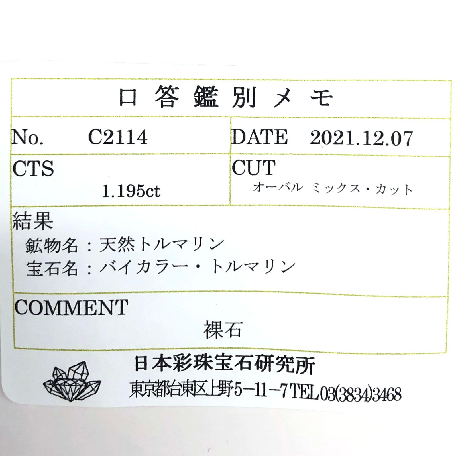 バイカラートルマリン(宝石名バイカラー・トルマリン) コンゴ民主共和国産 1.195ct ソ付(彩珠)[211013598]8.1×6.2mm前後