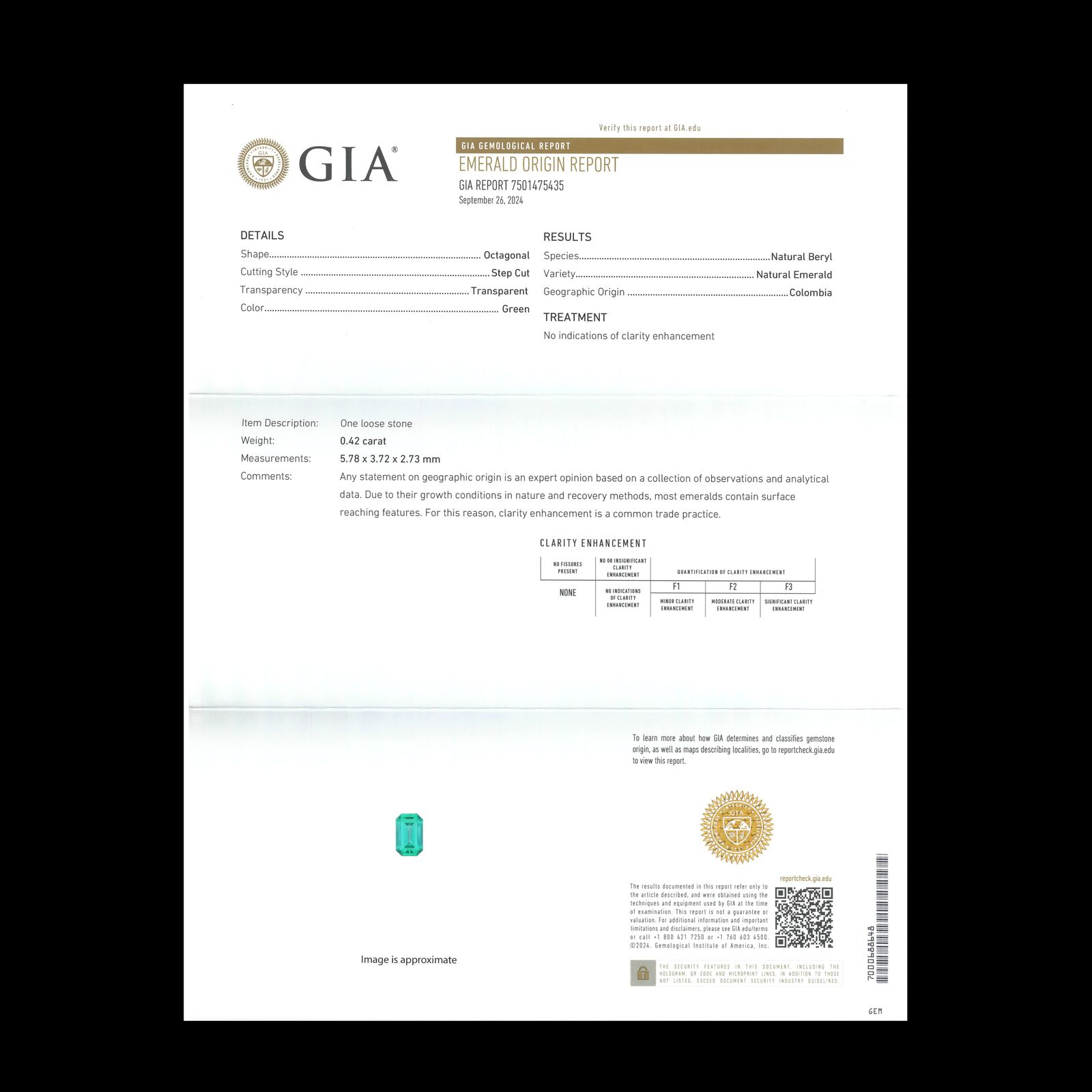 ノンオイルエメラルド(宝石名エメラルド)コロンビア産 GIA鑑付 0.42ct / 5.78x3.72mm前後 [251231537]