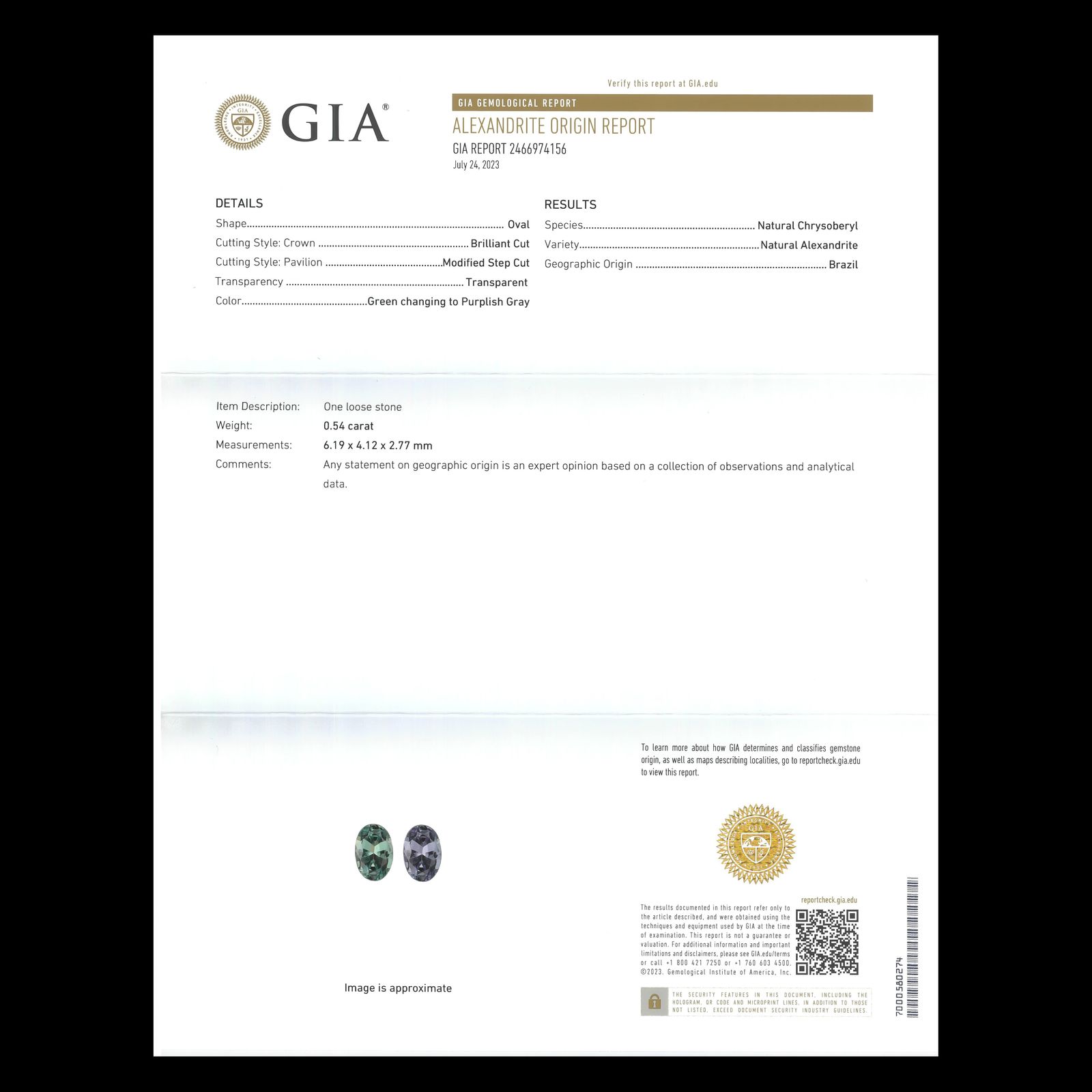 アレキサンドライト(宝石名アレキサンドライト)ブラジル産 0.54ct GIA鑑付[230823163]6.19x4.12mm前後