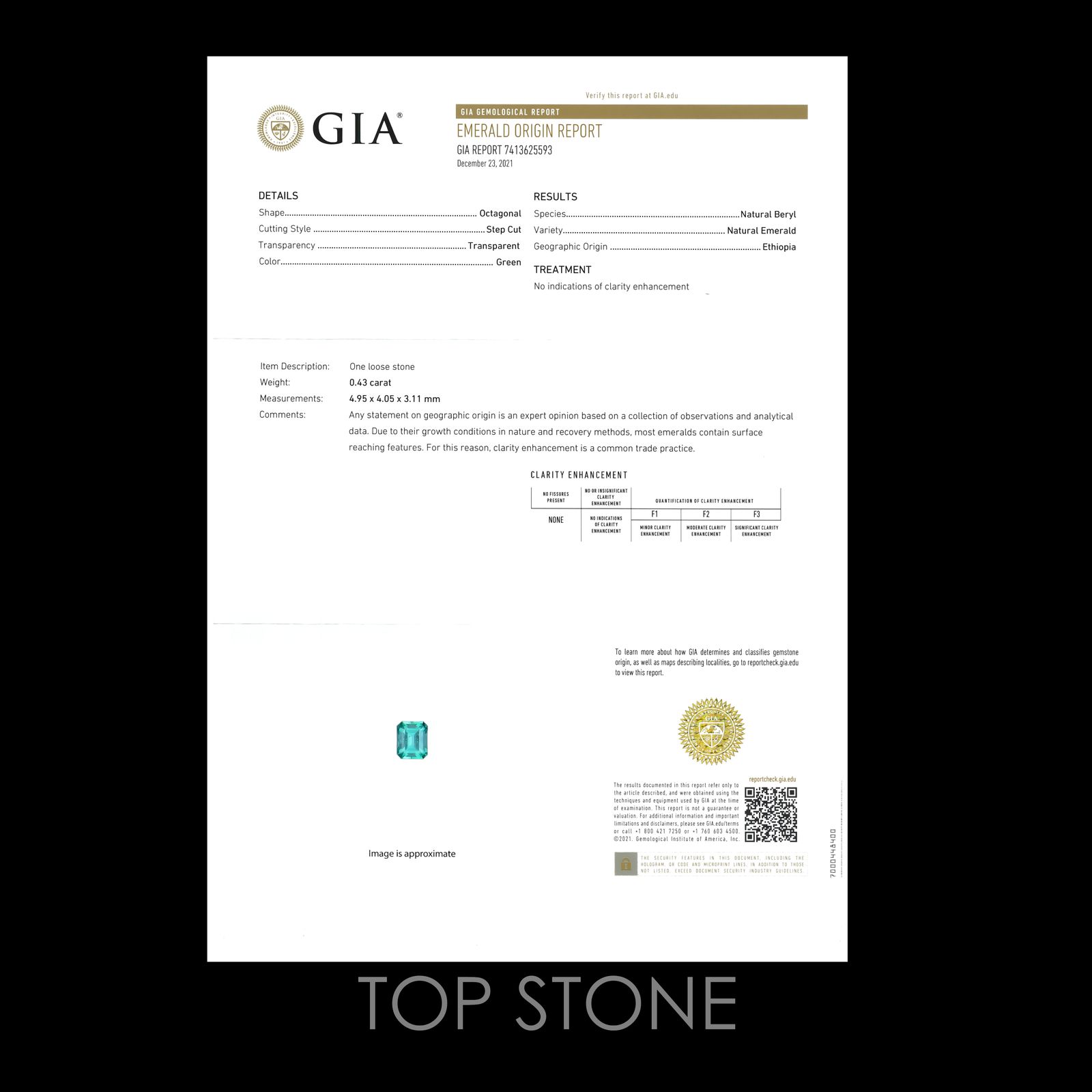 ノンオイル エメラルド(宝石名エメラルド)エチオピア産 0.43ct GIA鑑付[220616460]4.95x4.05mm前後