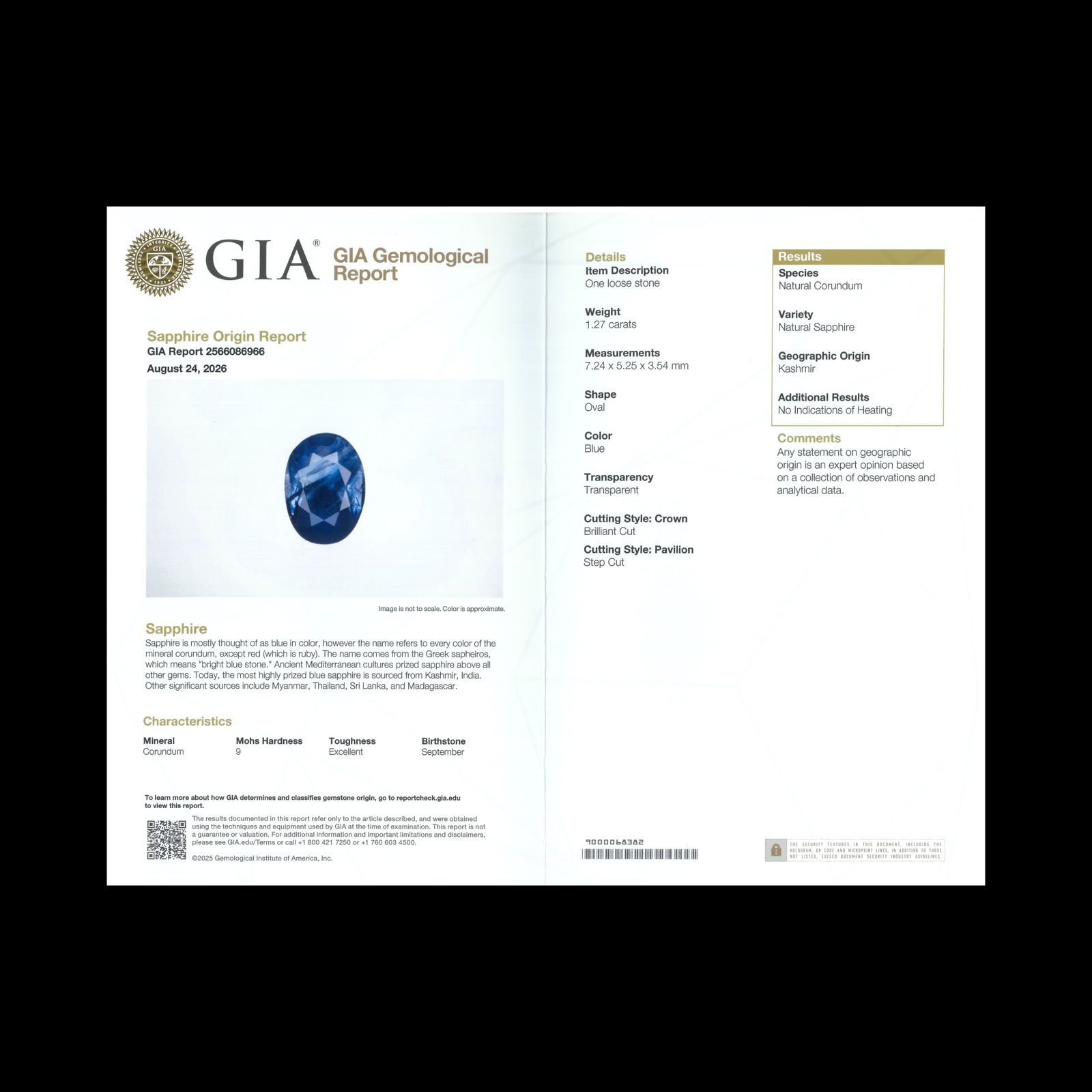 カシミールサファイア 非加熱(宝石名サファイア)インド・カシミール地方産 GIA鑑付 1.27ct / 7.24x5.25mm前後 [260933200]