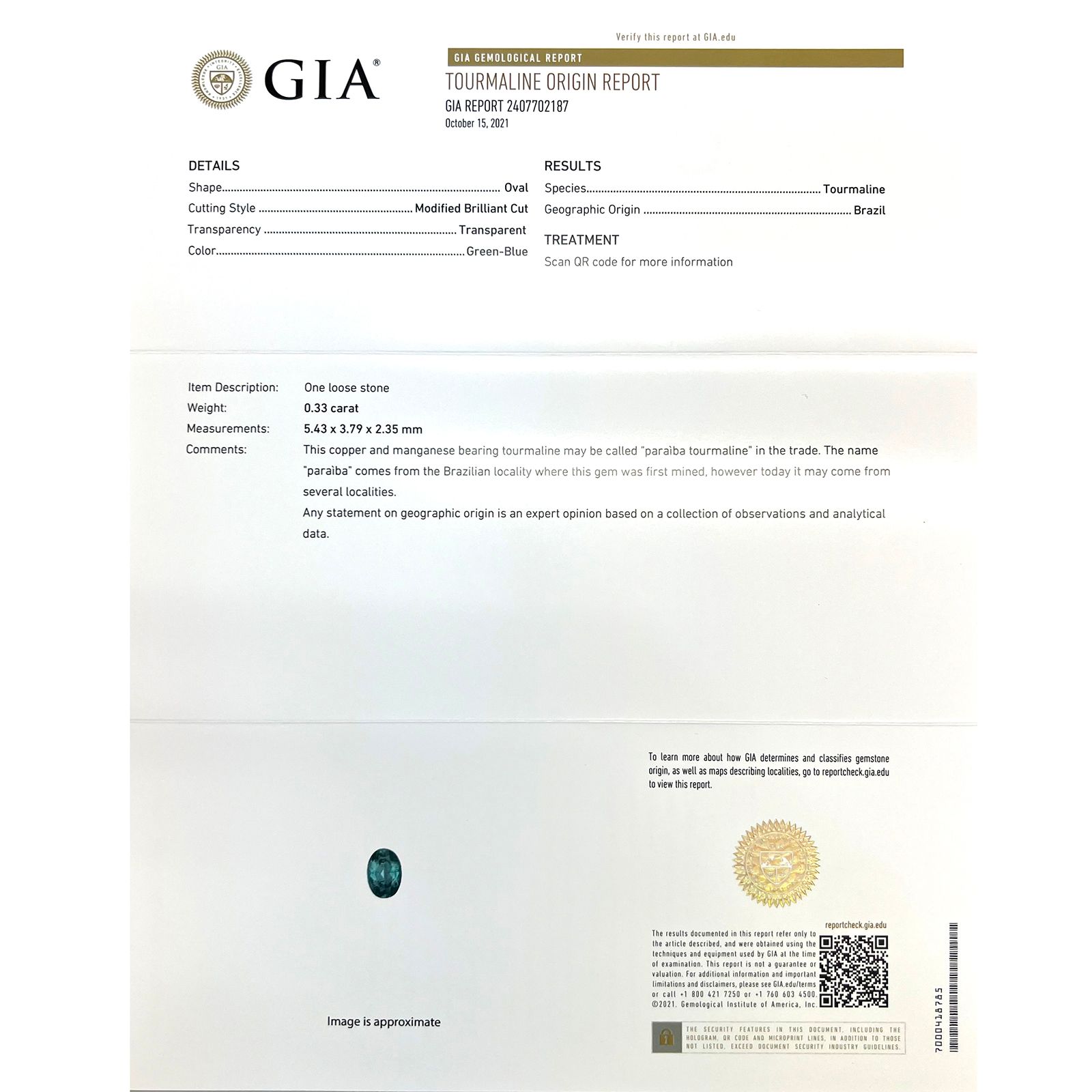 パライバトルマリン(宝石名トルマリン/別名パライバ・トルマリン)ブラジル・パライバ州バターリャ鉱山産 0.33ct GIA鑑付[221018799]5.4x3.7mm前後