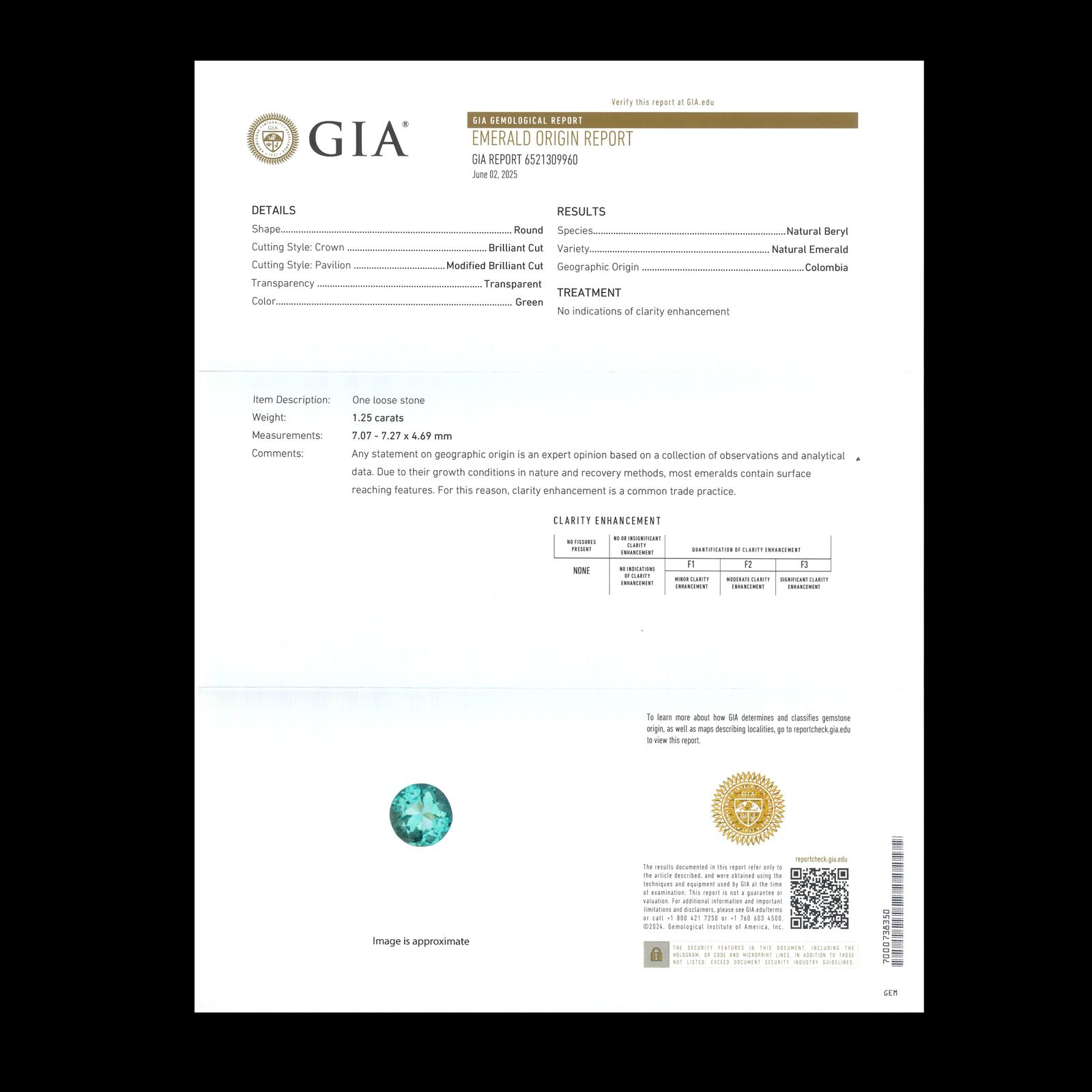 ノンオイルエメラルド(宝石名エメラルド)コロンビア産 GIA鑑付 1.25ct / 7.07x7.27mm前後 [260432065]