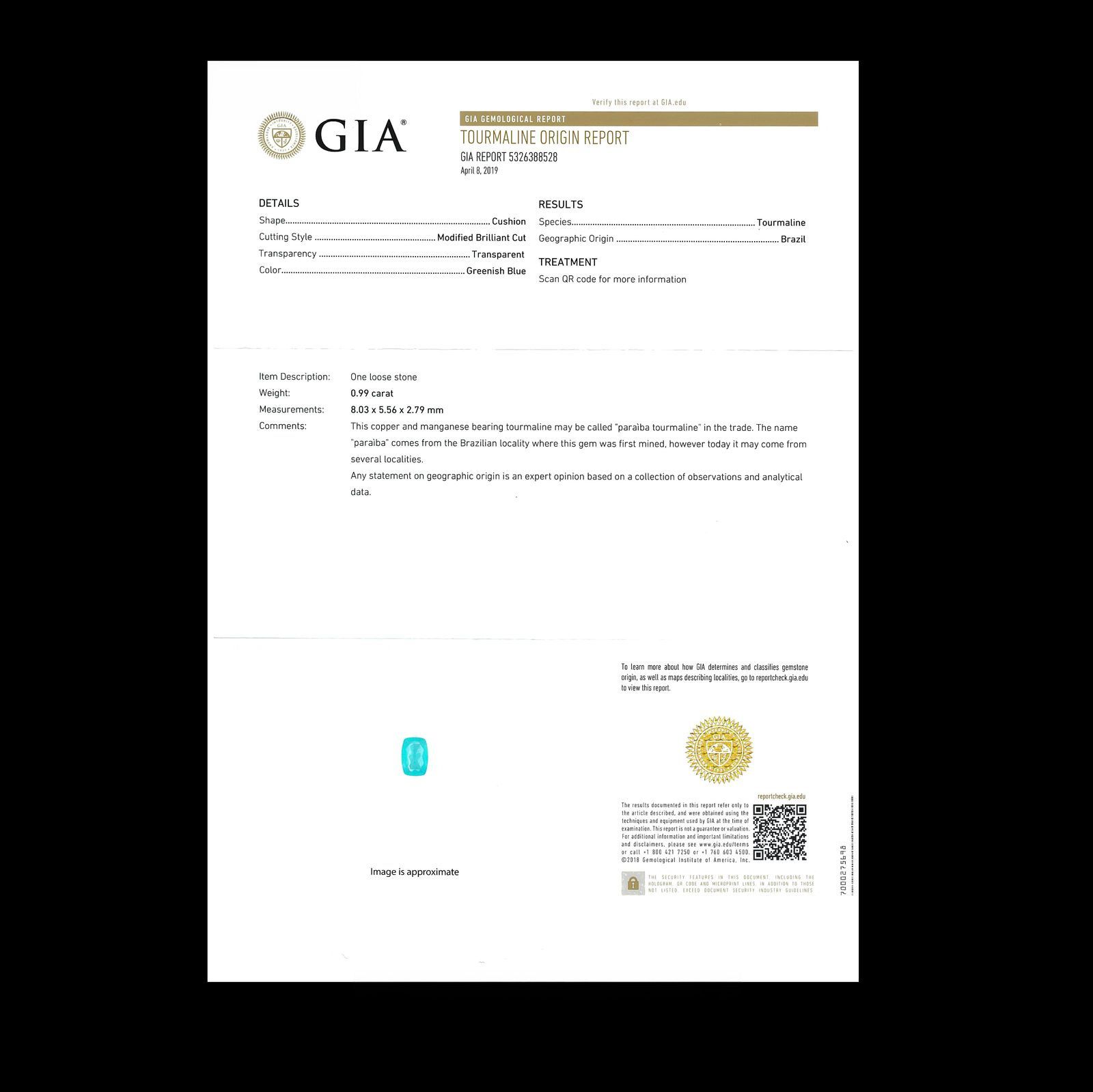 パライバトルマリン(宝石名トルマリン/別名パライバ・トルマリン) ブラジル産 GIA鑑付 0.99ct / 8×5.5mm前後 [19110908]