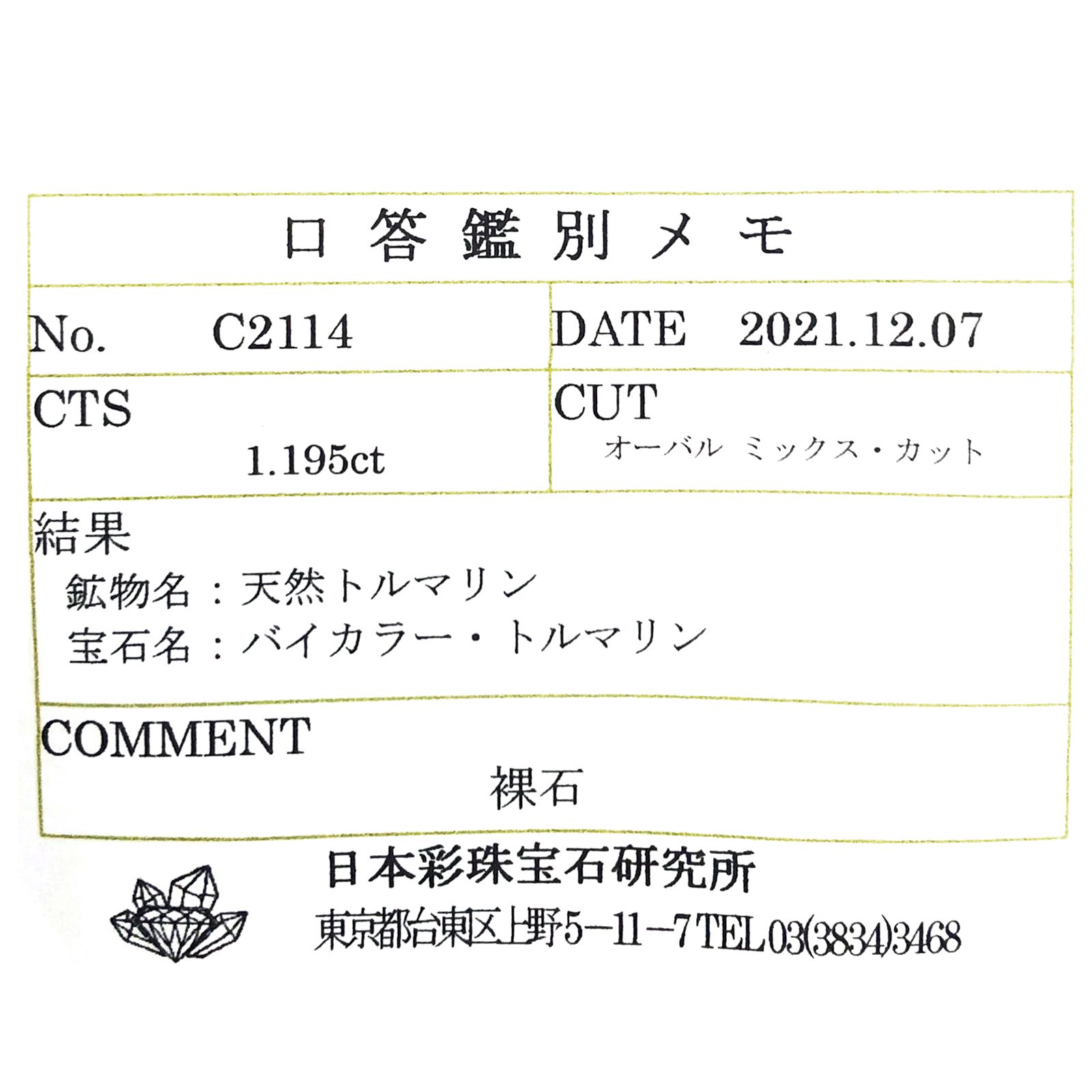 バイカラートルマリン(宝石名バイカラー・トルマリン) コンゴ民主共和国産 1.195ct ソ付(彩珠)[211013598]8.1×6.2mm前後