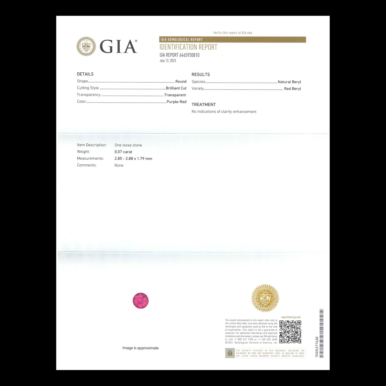 ノンオイルレッドベリル(宝石名レッド・ベリル)アメリカ・ユタ州産 0.07ct GIA鑑付[230823285]2.85x2.88mm前後