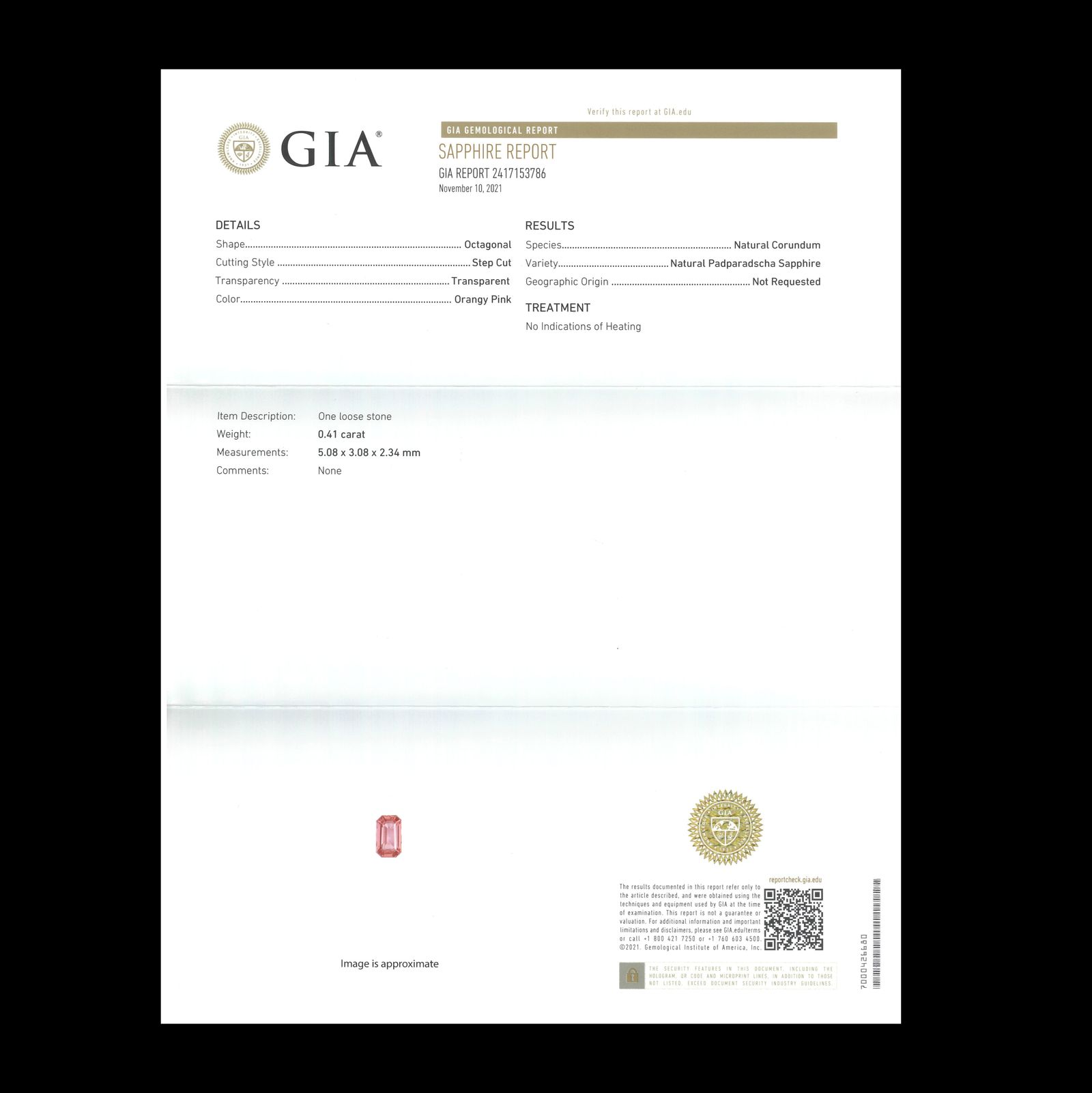 パパラチャサファイア 非加熱(宝石名サファイア/別名パパラチャ・サファイア)スリランカ/マダガスカル産 GIA鑑付 0.41ct / 5.08x3.08mm前後 [260131618]