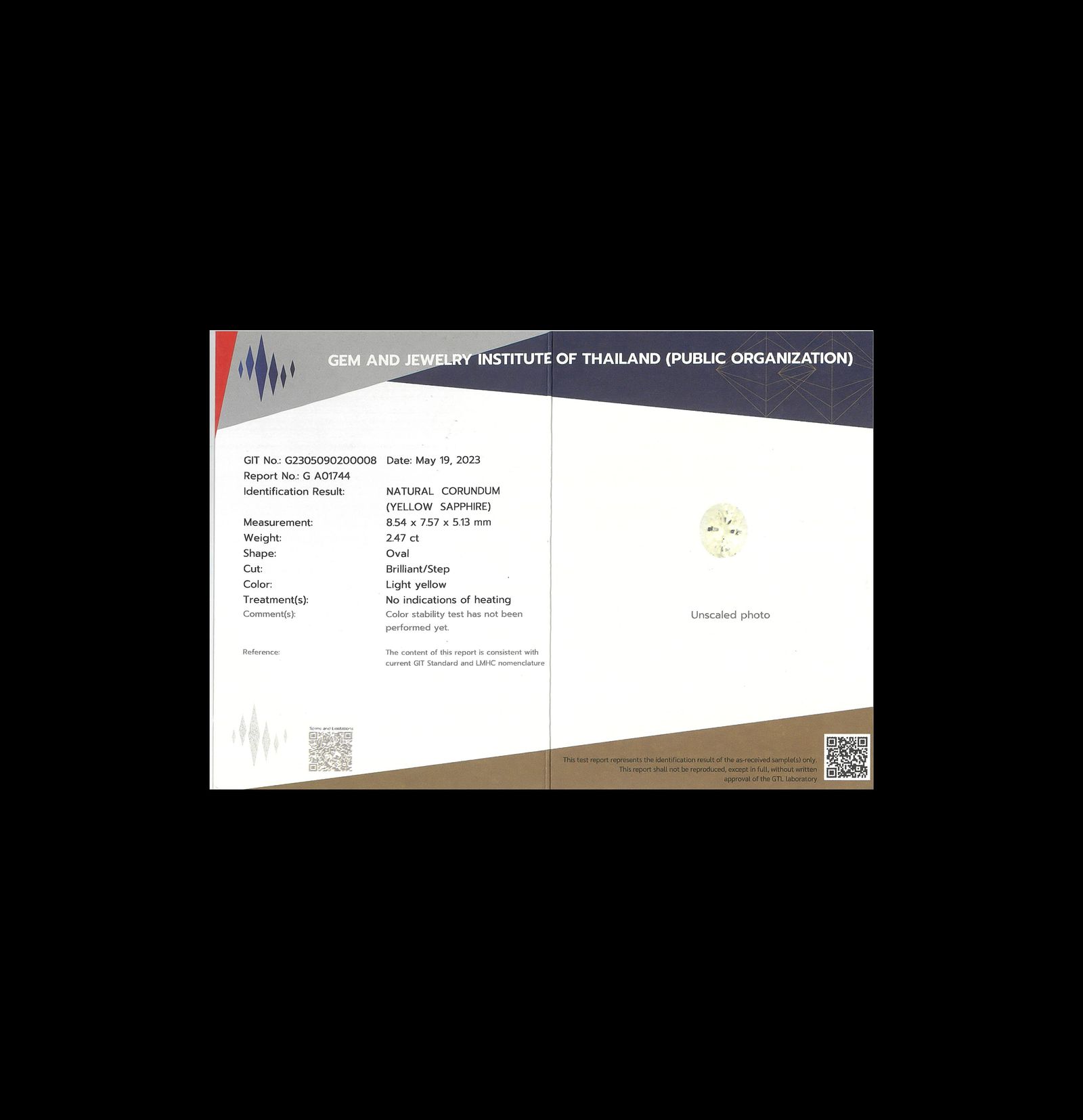 イエローサファイア 非加熱(宝石名イエロー・サファイア)スリランカ/マダガスカル産 GIT鑑付 2.47ct / 8.54x7.57mm前後 [260331940]