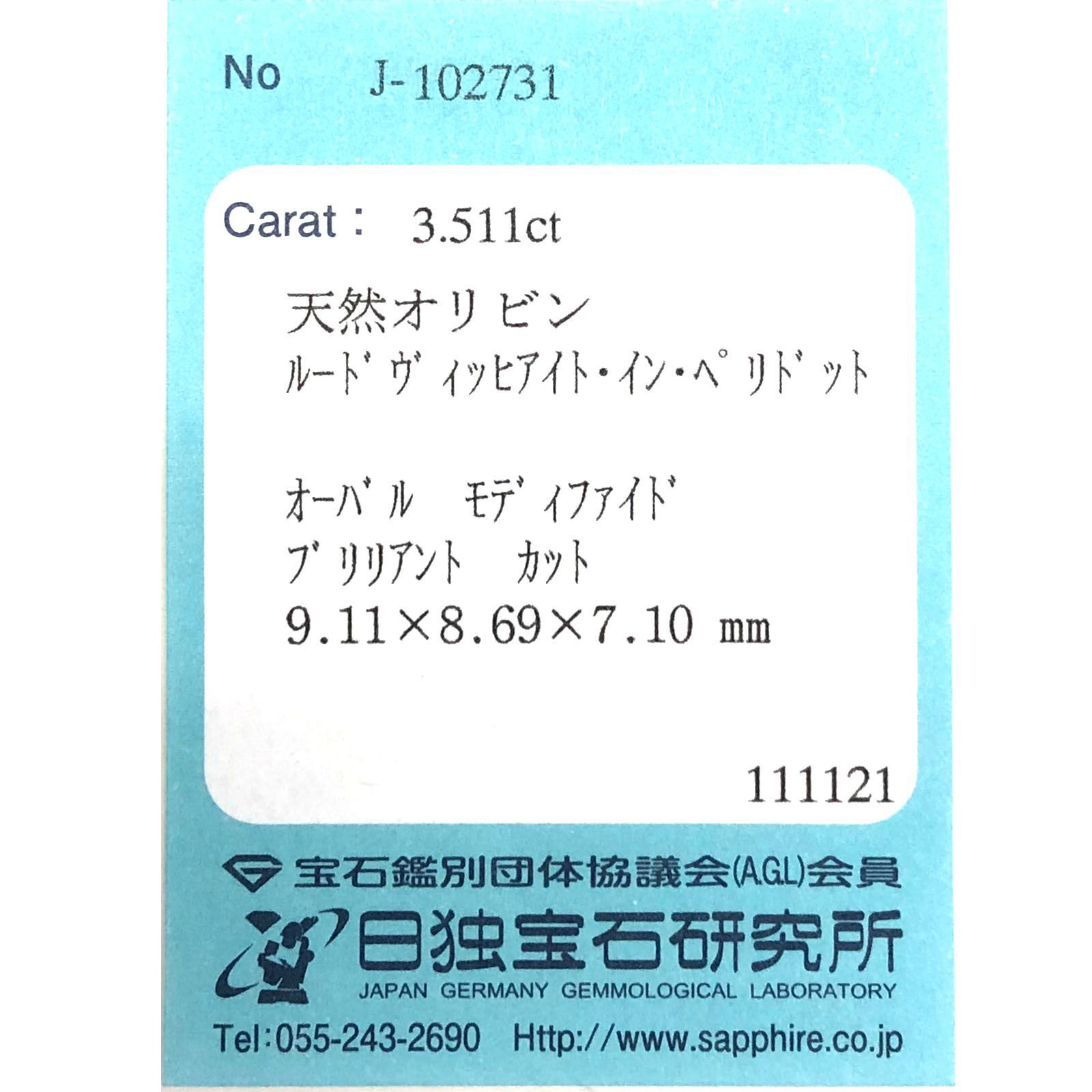 ルドウィジャイトインペリドット(宝石名ルドウィジャイトインペリドット)パキスタン産 3.511ct ソ付(日独)[231224378]9.1x8.6mm前後