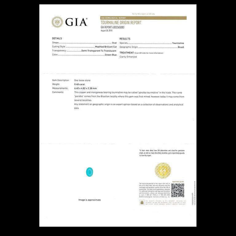 パライバトルマリン(宝石名トルマリン/別名パライバ・トルマリン) ブラジル産 0.48ct GIA鑑付[210711764]6.4×4.8mm前後