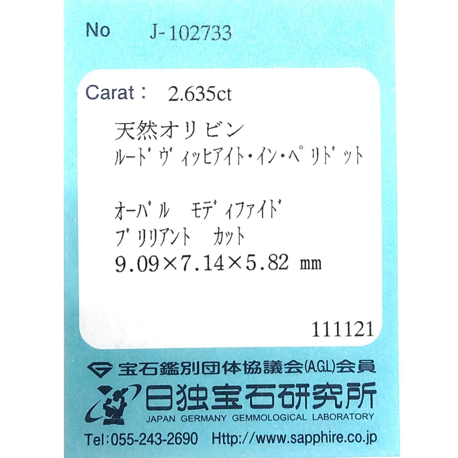 ルドウィジャイトインペリドット(宝石名ルードヴィッヒアイト・イン・ペリドット) パキスタン産 ソ付(日独) 2.635ct / 9.0x7.1mm前後 [260413498]