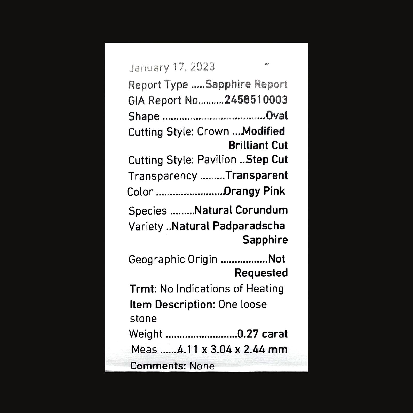 パパラチャサファイア 非加熱(宝石名サファイア/別名パパラチャ・サファイア)スリランカ産 0.27ct GIA鑑付[230521930]4.11x3.04mm前後