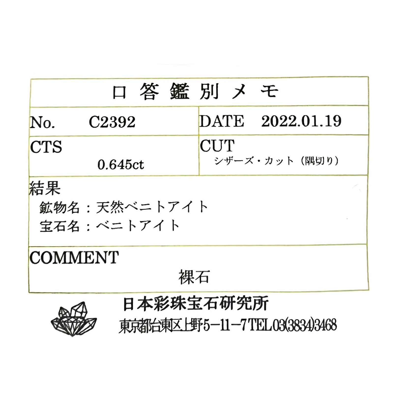ベニトアイト(宝石名ベニトアイト) アメリカ・カリフォルニア州サンベニト産 ソ付(彩珠) 0.645ct / 5.1x4.2mm前後 [210310210]