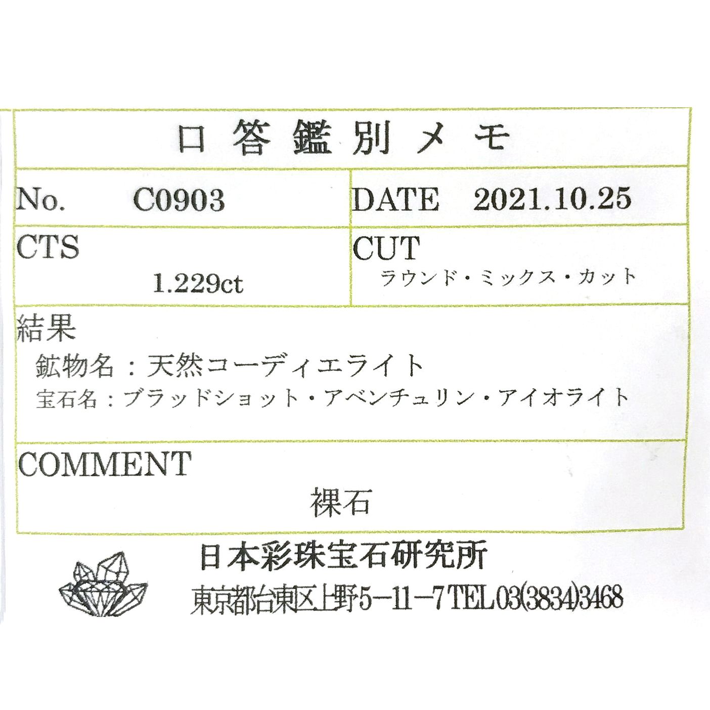 ブラッドショットアイオライト(宝石名ブラッドショット・アベンチュリン・アイオライト) インド/ブラジル産 1.229ct ソ付(彩珠)[210812391]7×7mm前後