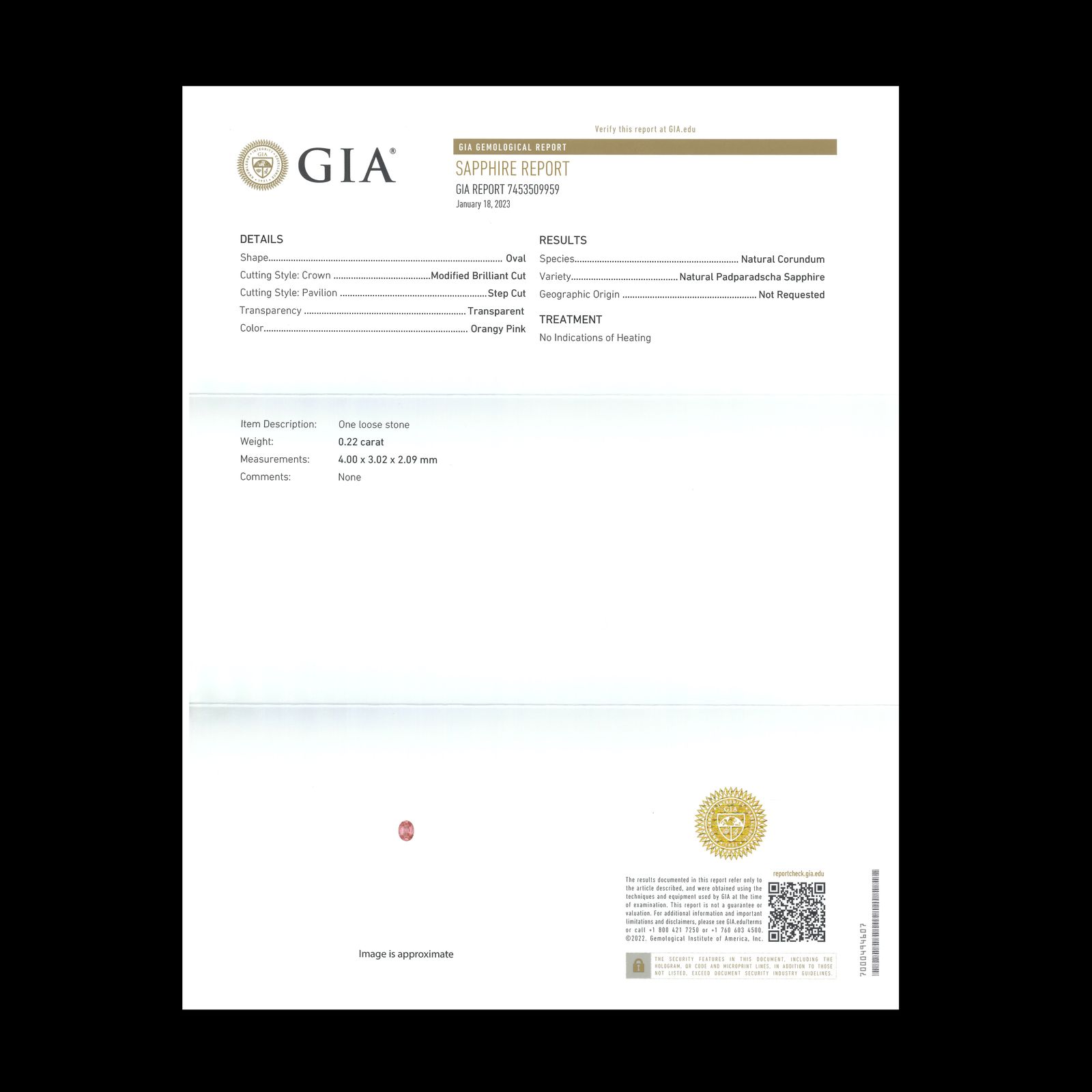 パパラチャサファイア 非加熱(宝石名サファイア/別名パパラチャ・サファイア)スリランカ産 0.22ct GIA鑑付[230521937]4x3.02mm前後