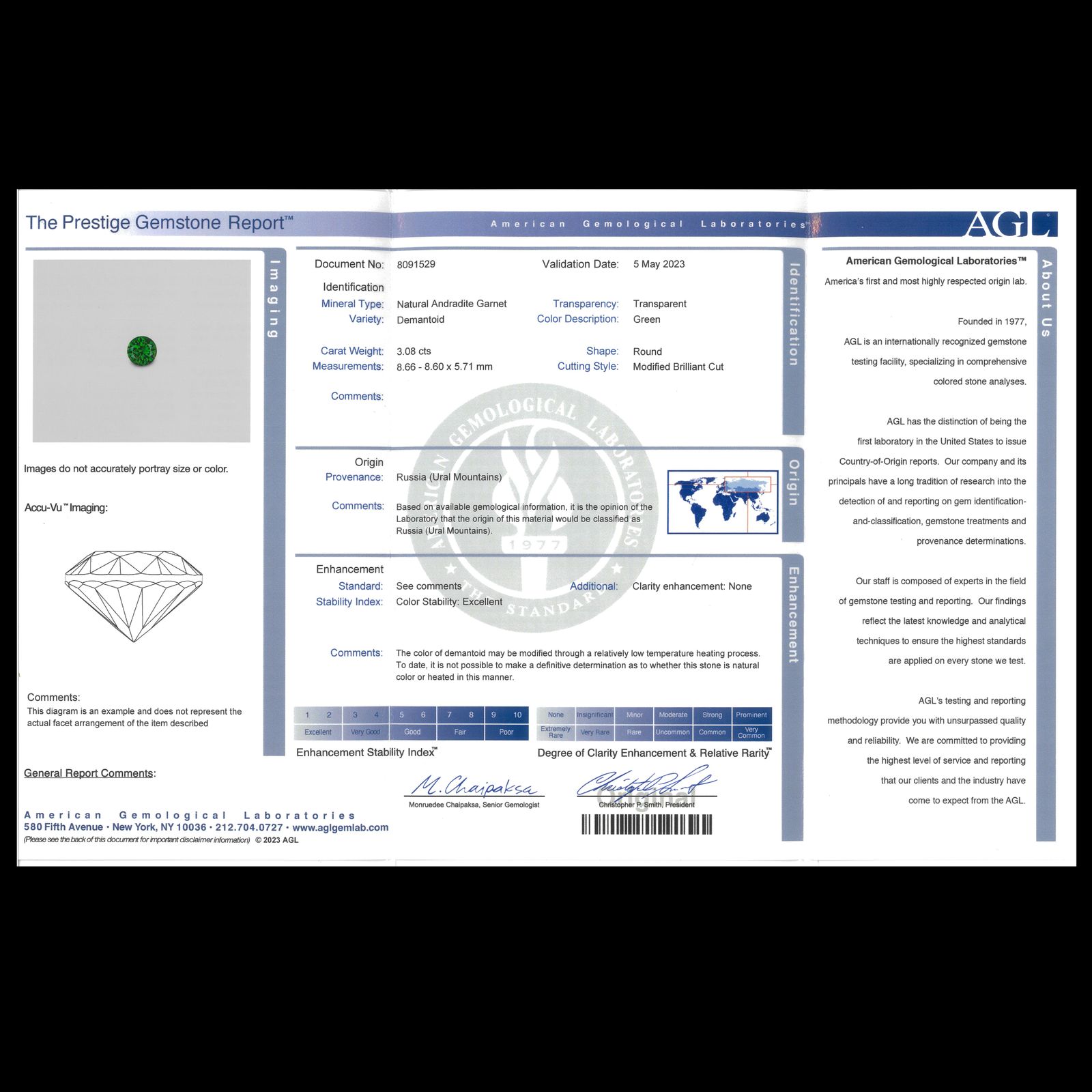 デマントイドガーネット(宝石名デマントイド・ガーネット)ロシア産 AGLTHAI鑑付 3.08ct / 8.6x8.6mm前後 [251231534]