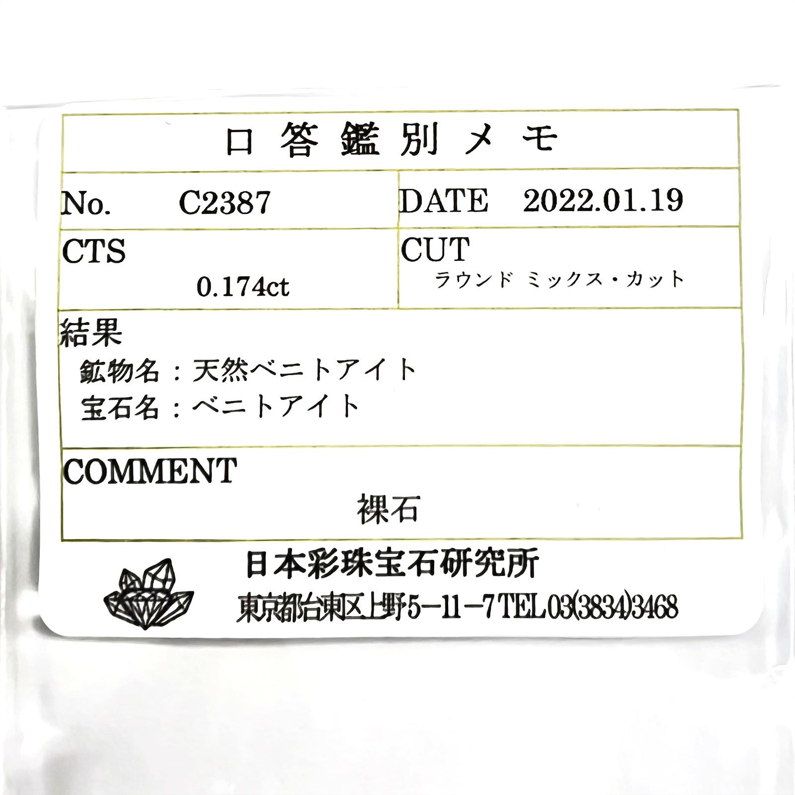 ベニトアイト(宝石名ベニトアイト) アメリカ・カリフォルニア州サンベニト産 0.174ct ソ付(彩珠)[210712171]3.3×3.3mm前後