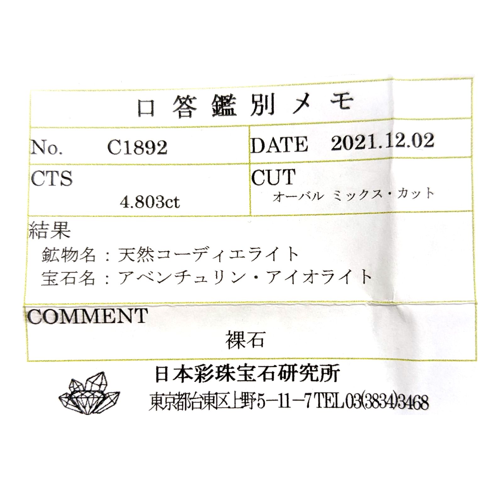 ブラッドショットアイオライト(宝石名アベンチュリン・アイオライト)インド産 4.803ct ソ付(彩珠)[221018898]12.4x9.7mm前後