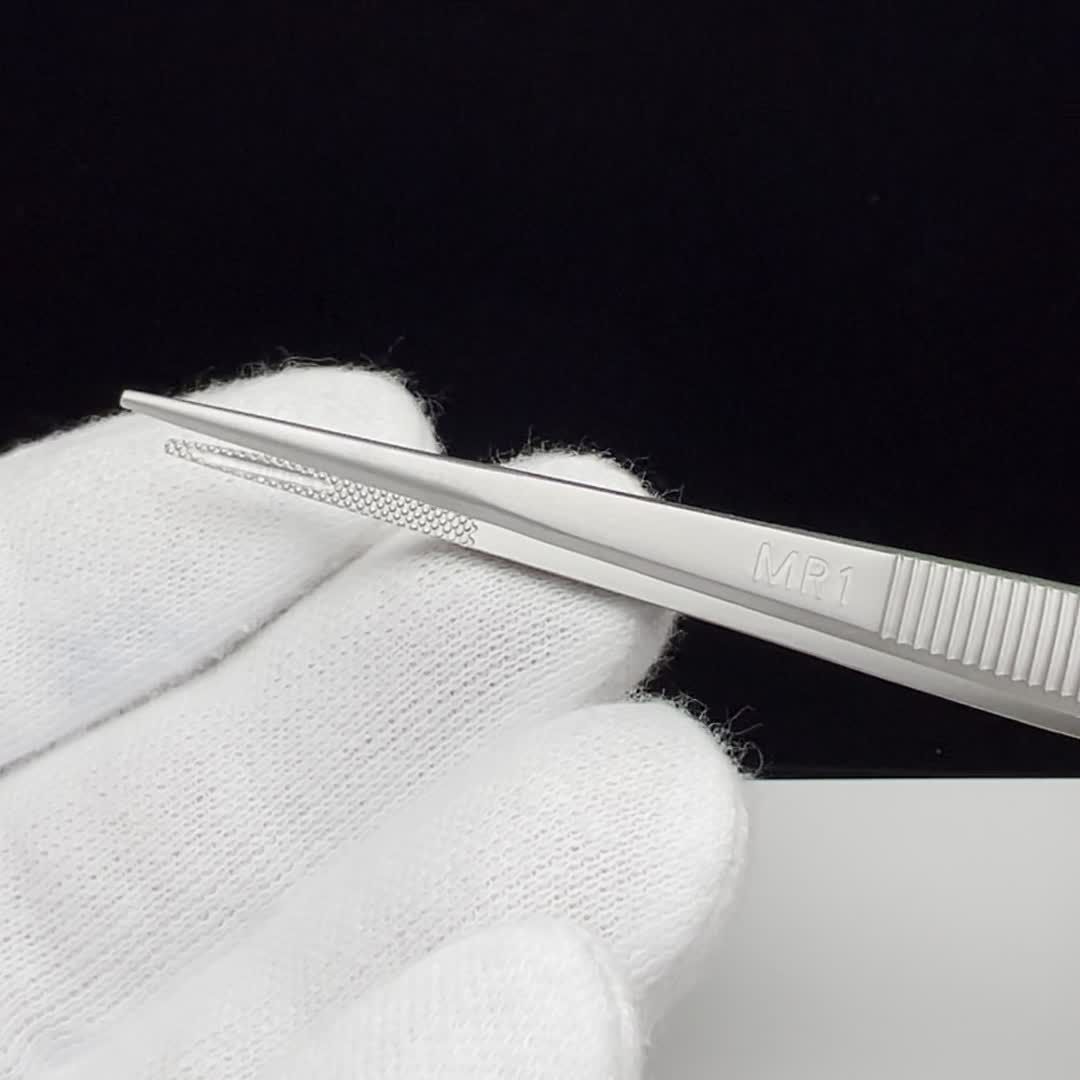 プロ仕様 ステンレス製グリップロックピンセット 先端ギザ・溝付き