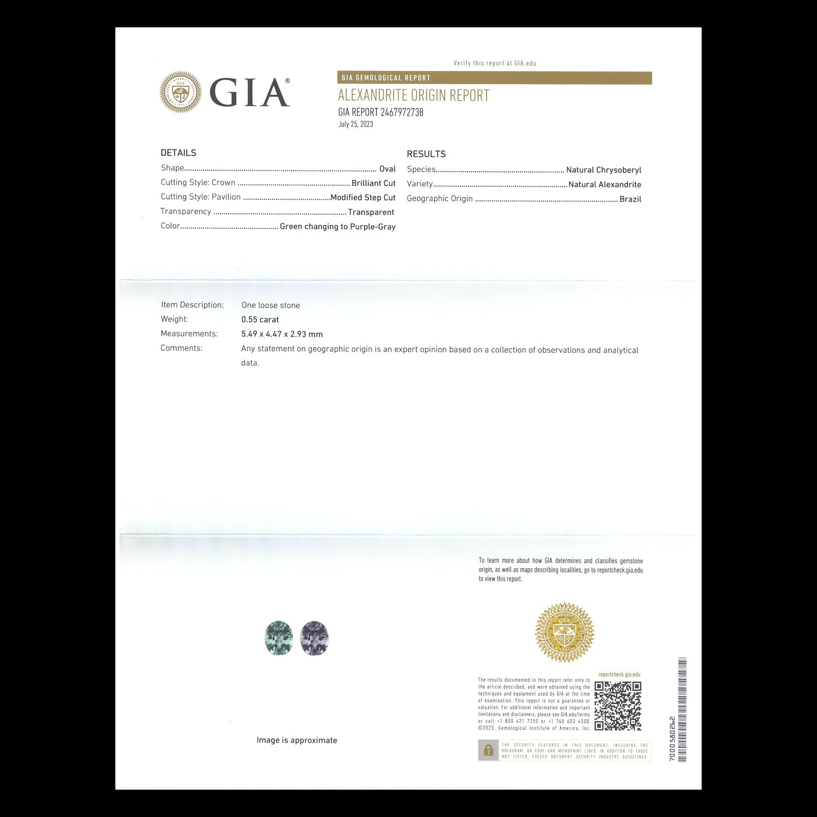 アレキサンドライト(宝石名アレキサンドライト)ブラジル産 0.55ct GIA鑑付[230823162]5.49x4.47mm前後