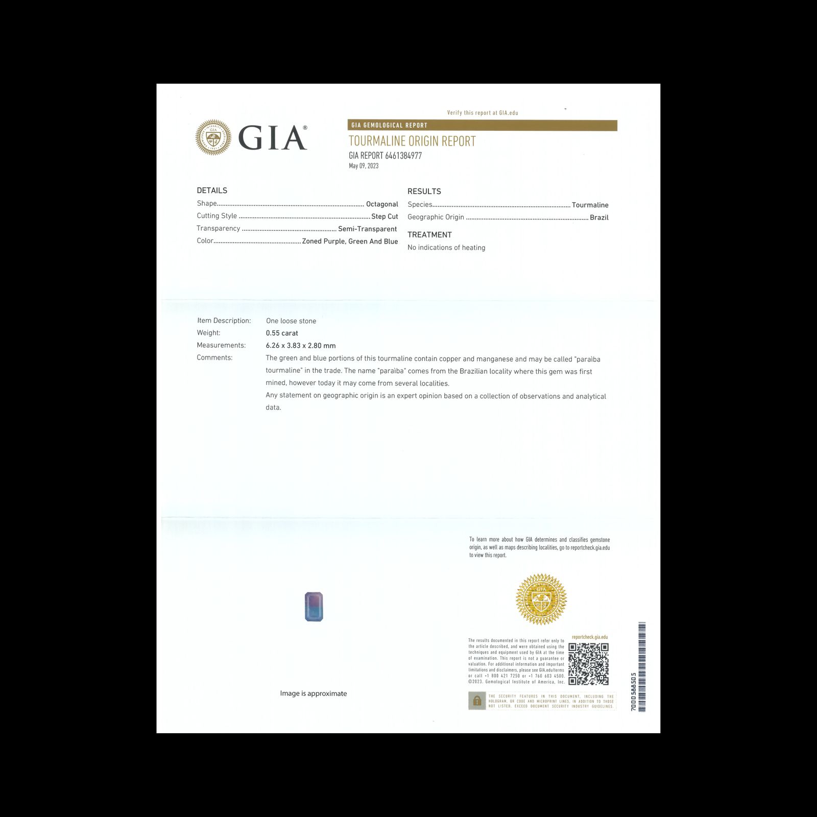 バイカラーパライバトリマルン 非加熱(宝石名トルマリン/別名パライバ・トルマリン)ブラジル産 0.55ct GIA鑑付[231224814]6.26x3.83mm前後