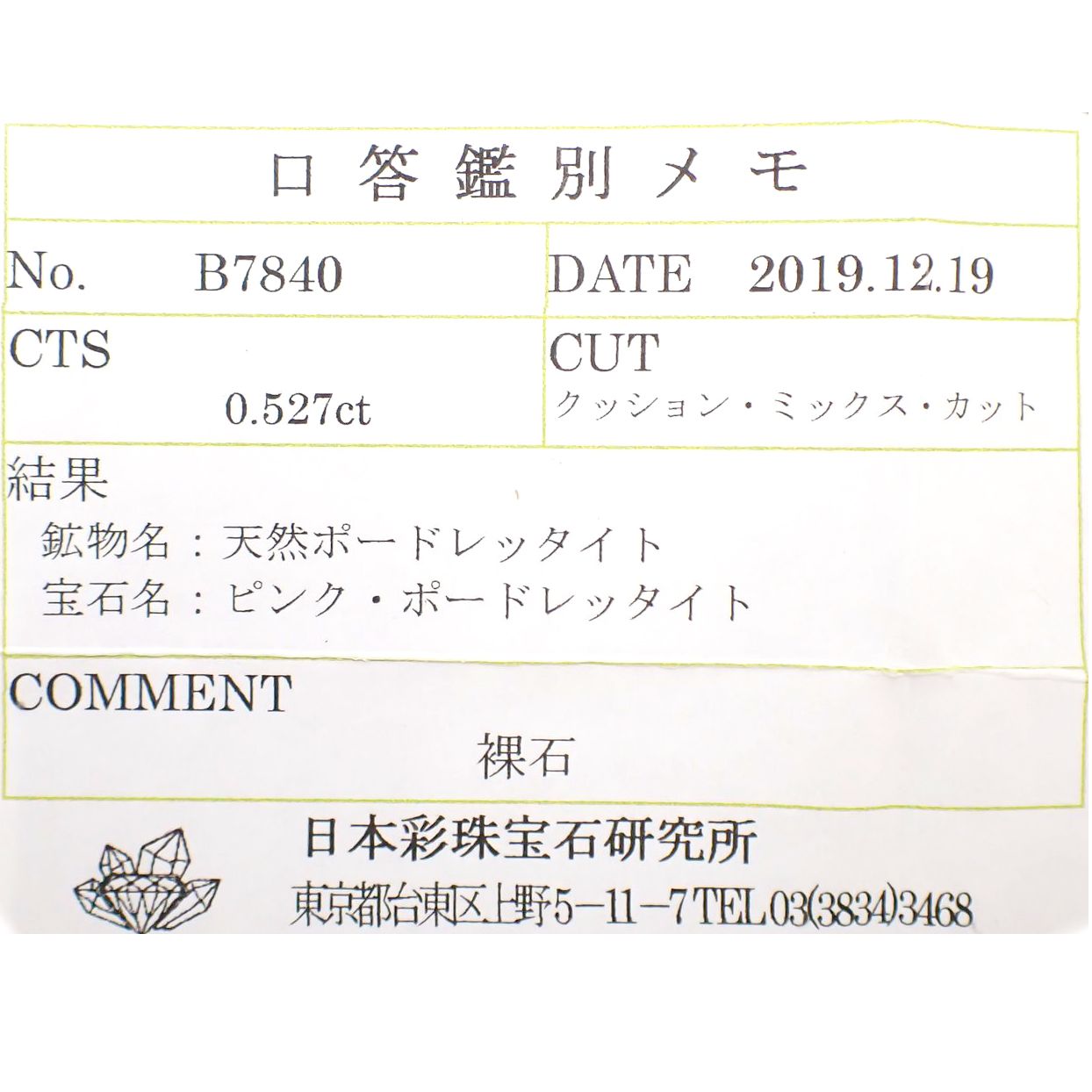 ピンクポードレッタイト(宝石名ピンク・ポードレッタイト)ビルマ産 0.527ct ソ付(彩珠)[231023811]5.5x5.3mm前後