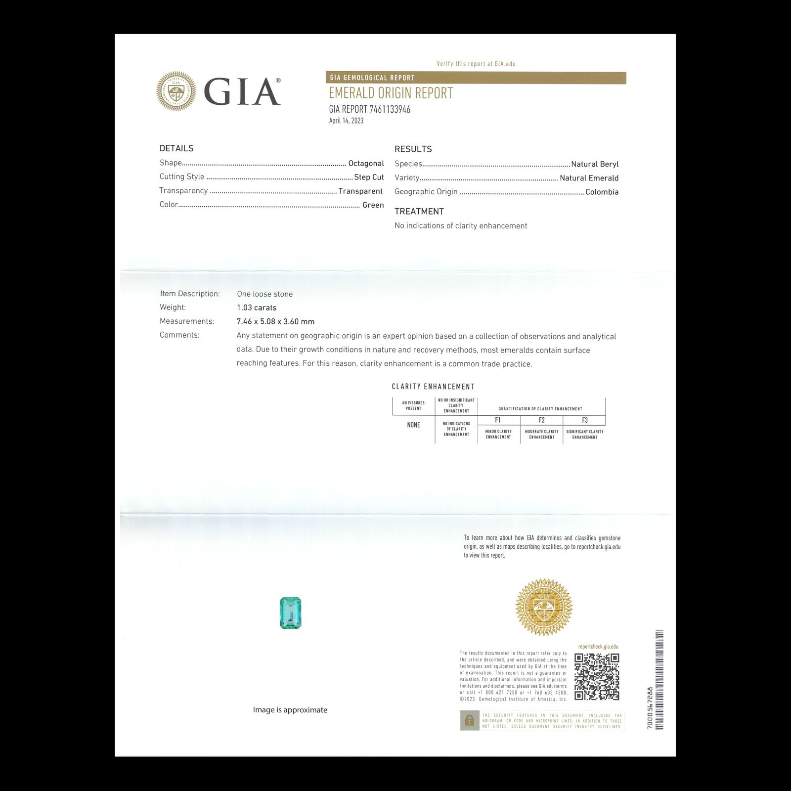 ノンオイルエメラルド(宝石名エメラルド)コロンビア産 1.03ct GIA鑑付[230823283]7.46x5.08mm前後