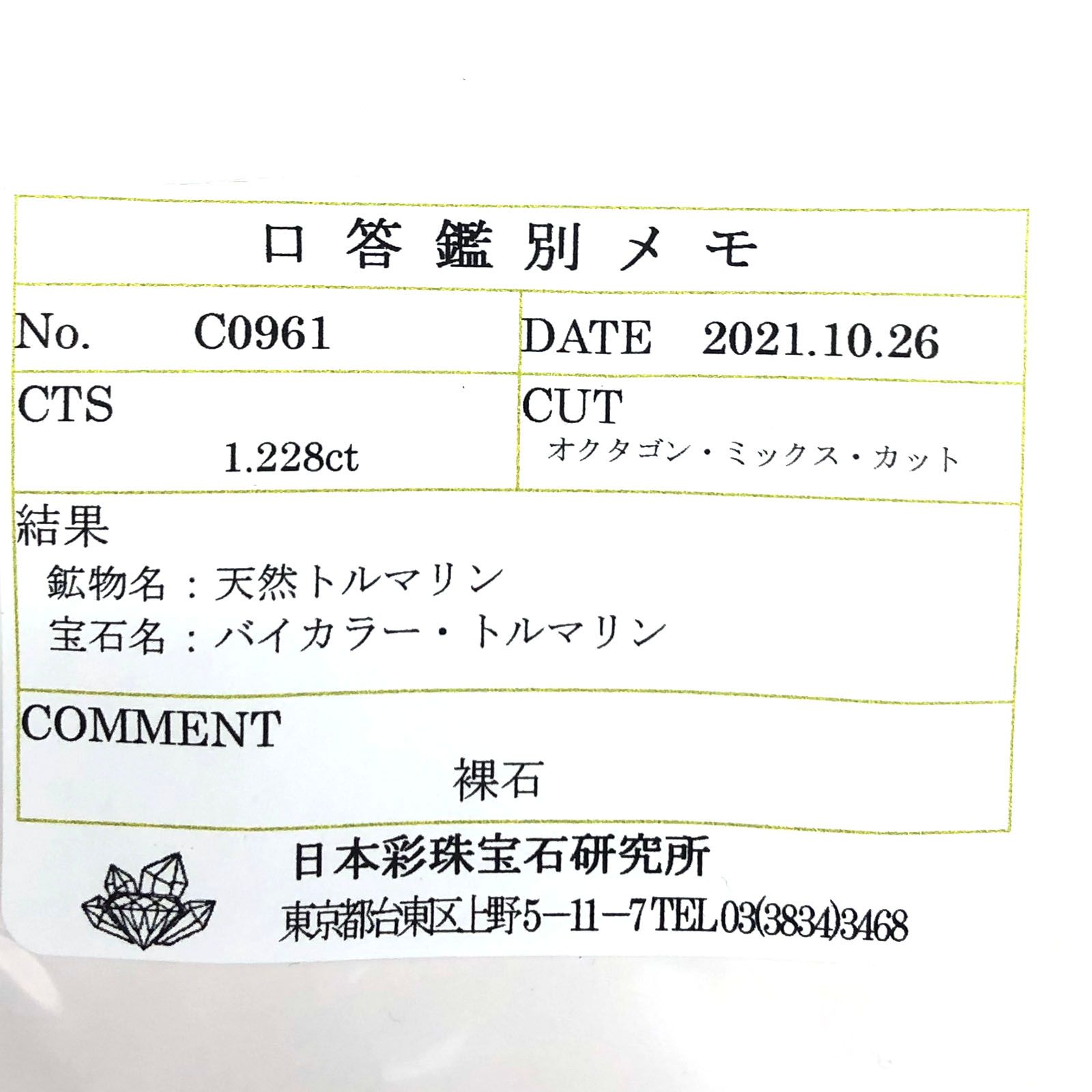 ◇オクタゴンカット◇バイカラートルマリンSA(宝石名バイカラー・トルマリン) ブラジル/アフリカ産 1.228ct ソ付(彩珠)[20129171]6.2×6.2mm前後