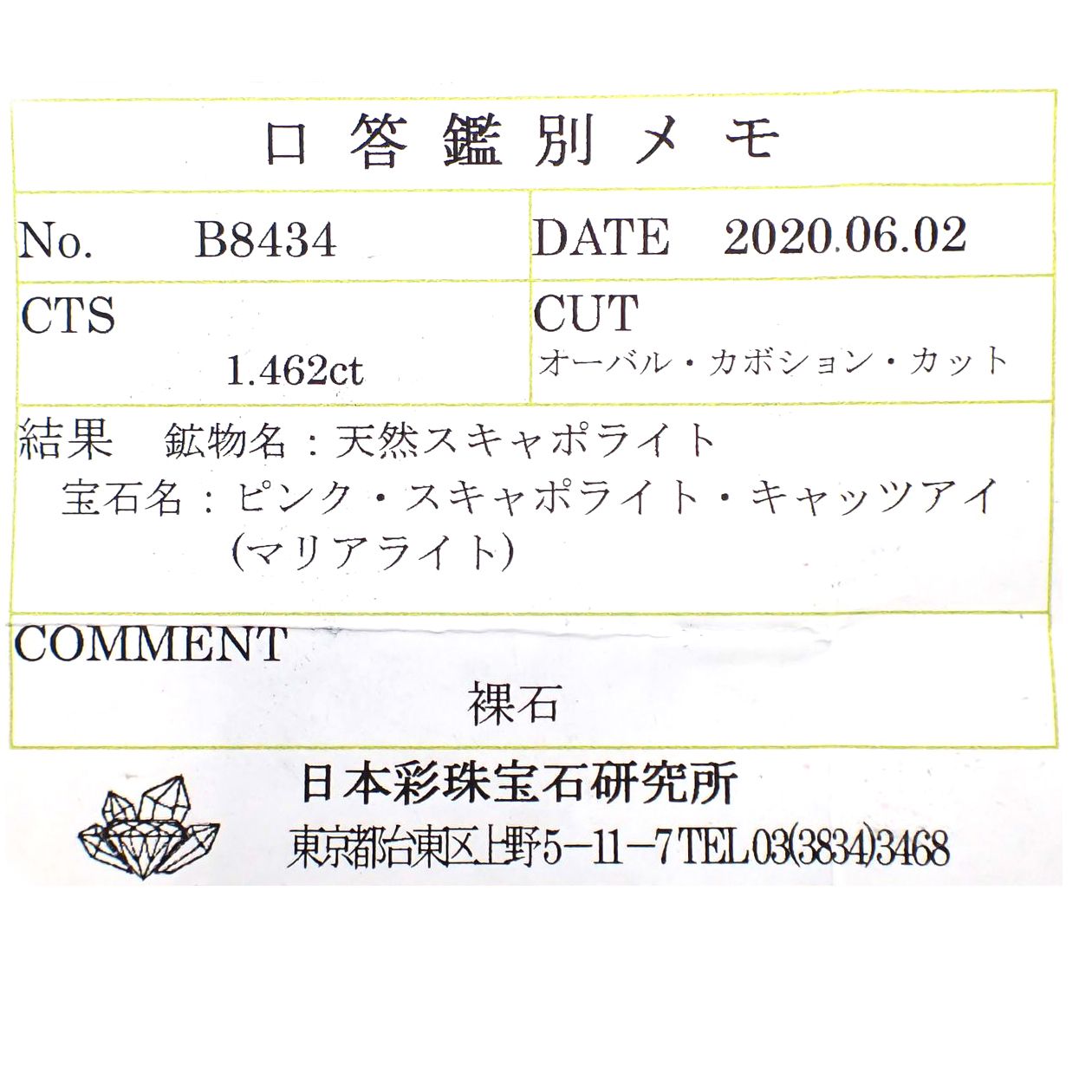 マリアライトキャッツアイ フルオレッセンス(宝石名ピンク スキャポライト・キャッツアイ)アフガニスタン産 1.462ct ソ付(彩珠)[231023943]7.8x6.7mm前後