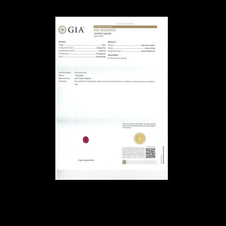ルビー 非加熱(宝石名ルビー)ミャンマー産 1.33ct GIA鑑付[230220348]6.41x5.46mm前後