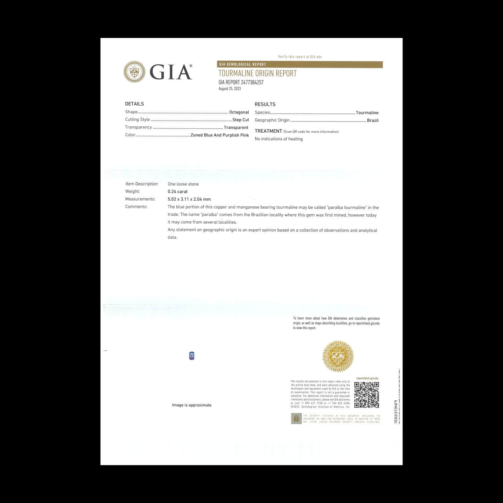 バイカラーパライバトルマリン 非加熱(宝石名トルマリン/別名パライバ・トルマリン)ブラジル産 0.24ct GIA鑑付[241229664]5.02x3.11mm前後