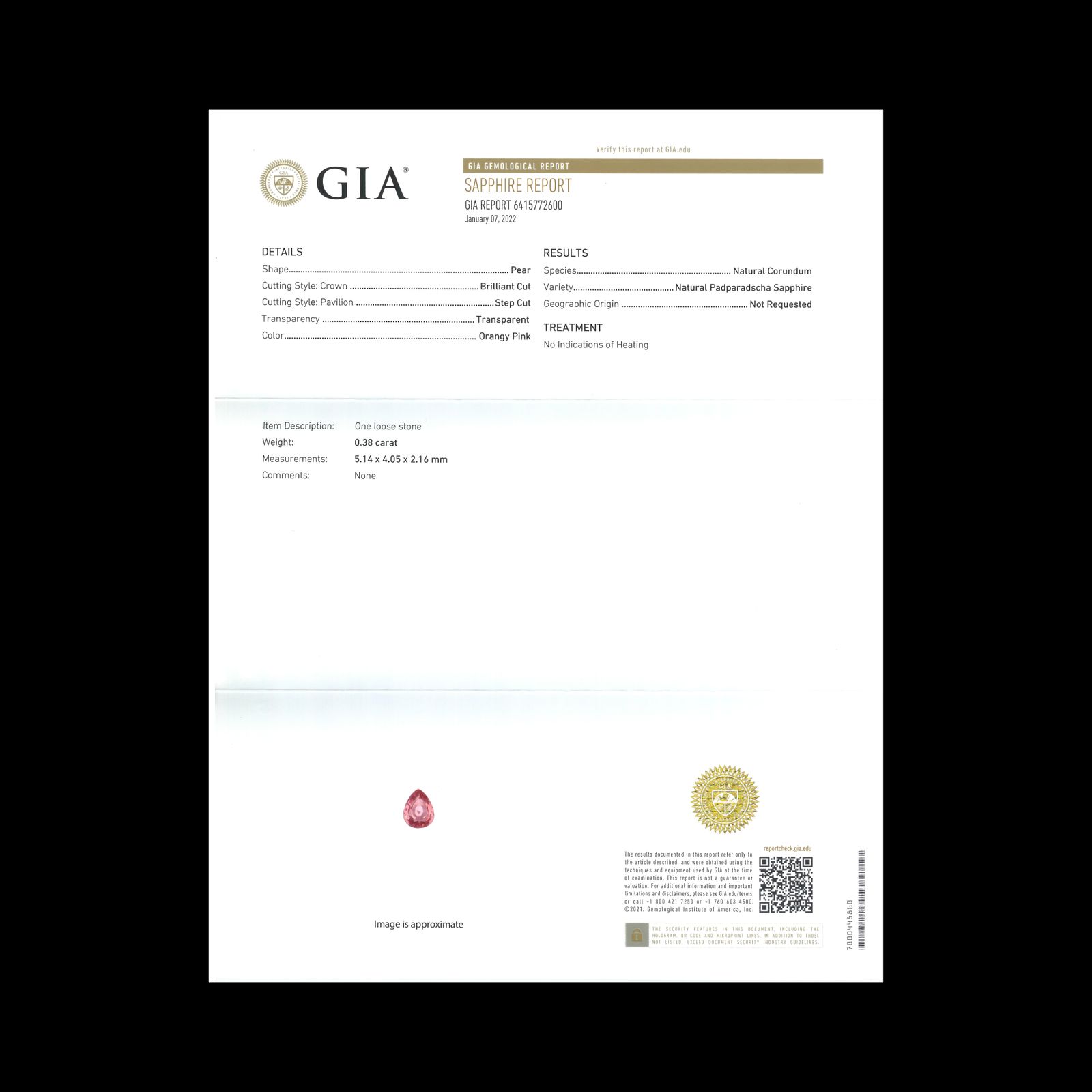 パパラチャサファイア非加熱(宝石名サファイア/別名パパラチャ・サファイア)スリランカ産 0.38ct GIA鑑付[231224695]5.1x4mm前後