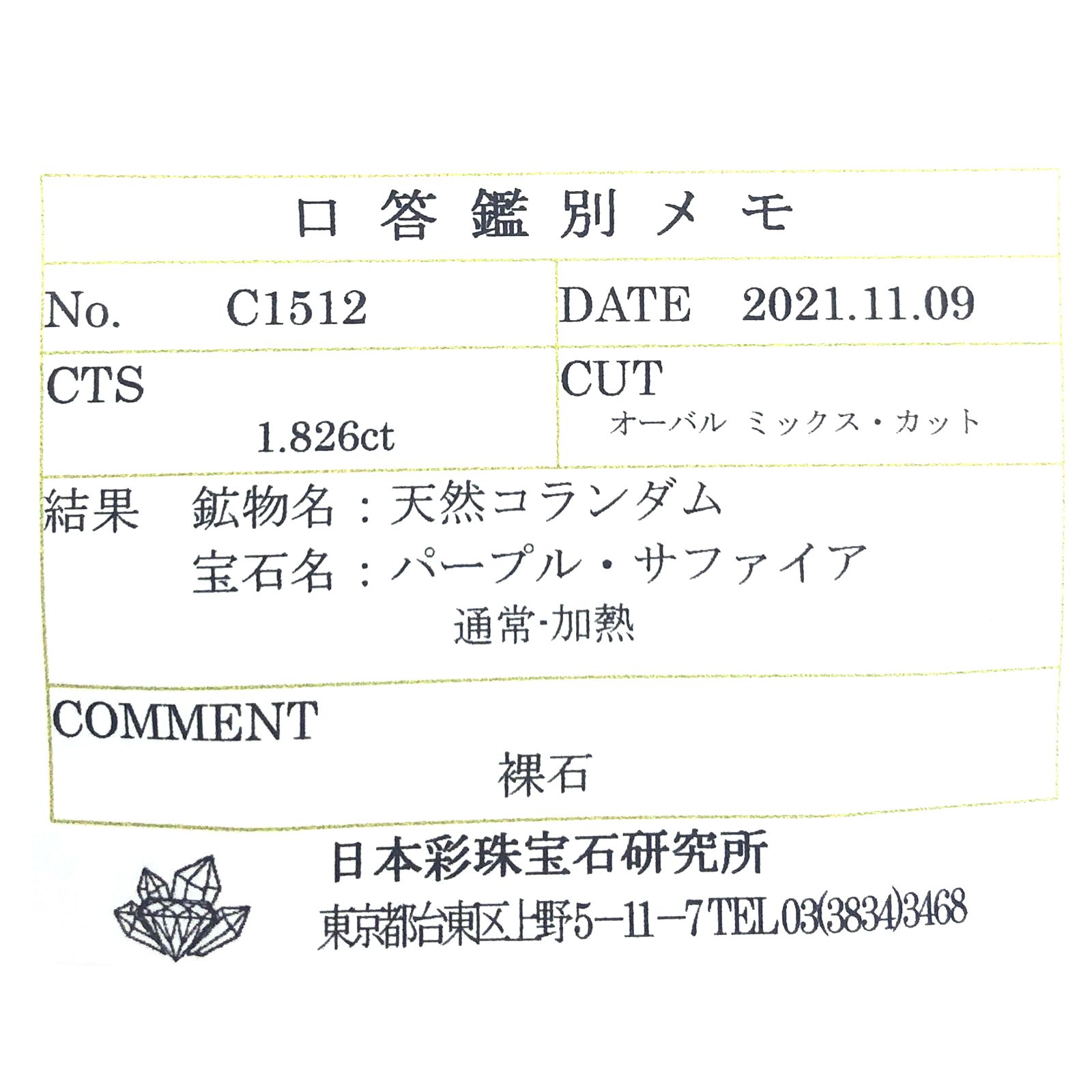 パープルサファイア(宝石名パープル・サファイア) カシミール産 ソ付(彩珠) 1.826ct / 7.6×7.4mm前後 [251010239]