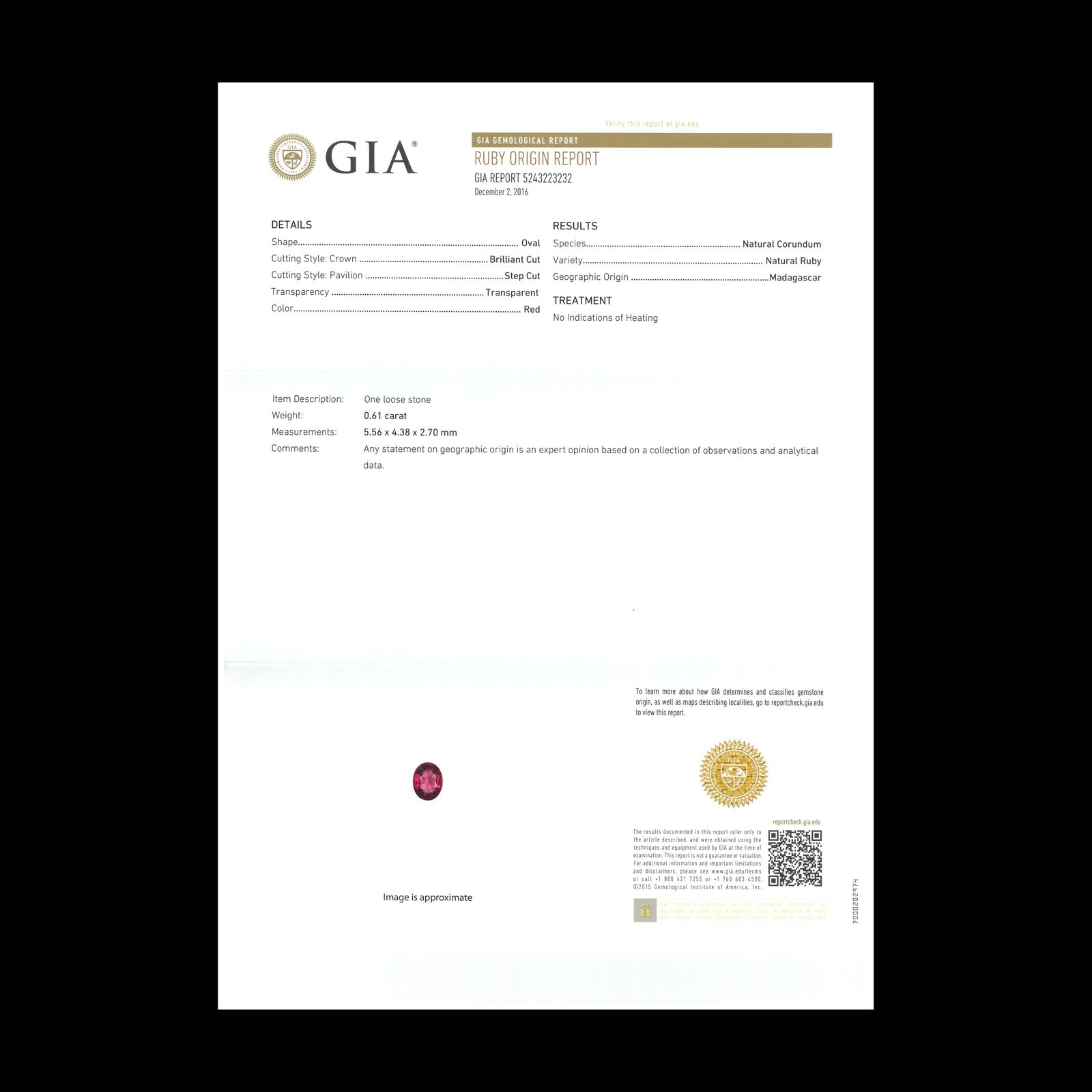 ルビー 非加熱(宝石名ルビー)マダガスカル産 GIA鑑付 0.61ct / 5.56x4.38mm前後 [260632489]