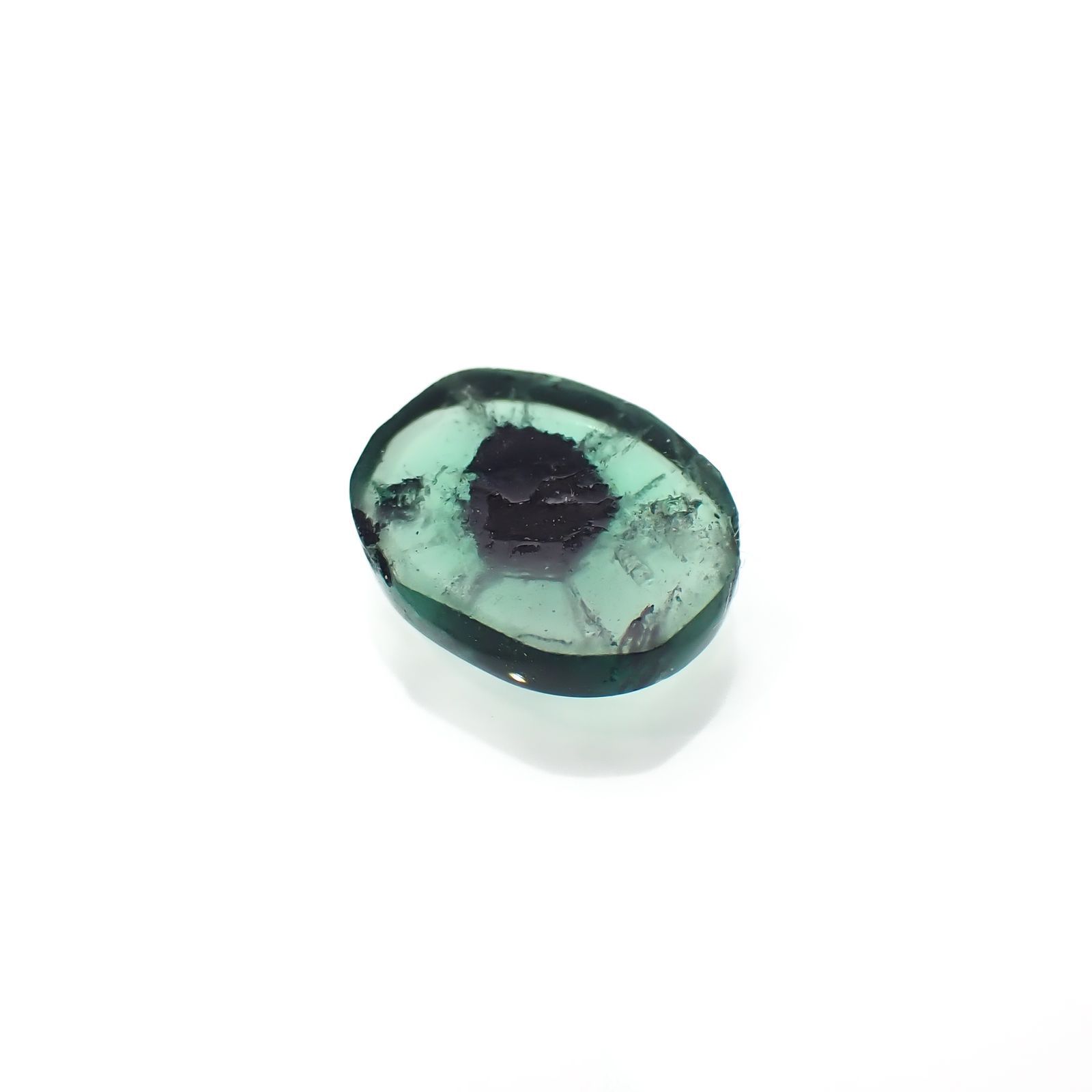 トラピッチェエメラルド 原石スライス(宝石名トラピッチェ・エメラルド)コロンビア産 0.776ct ソ付(彩珠)[220717085]7.1x5.5mm前後