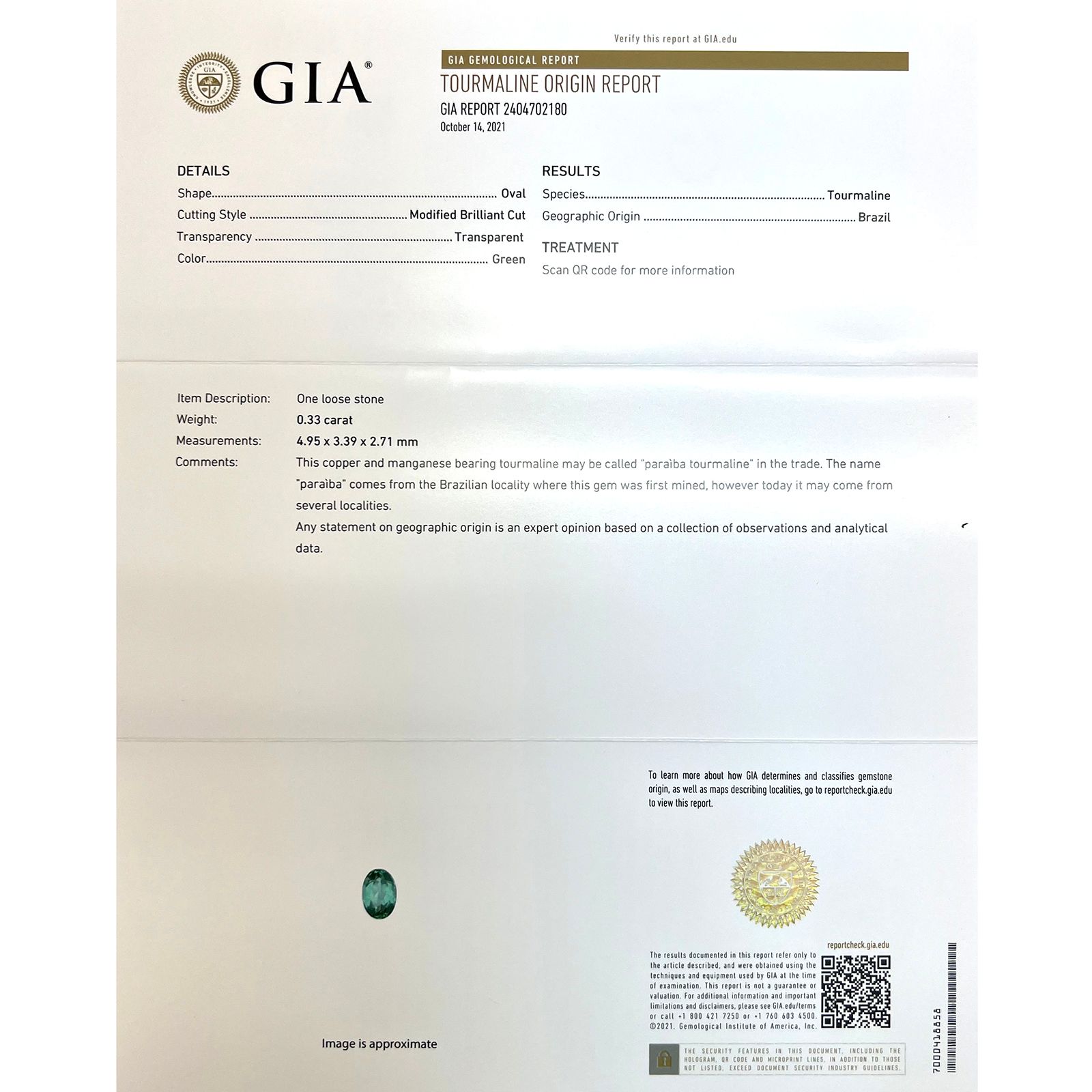 パライバトルマリン(宝石名トルマリン/別名パライバ・トルマリン)ブラジル・パライバ州バターリャ鉱山産 0.33ct GIA鑑付[221018798]4.9x3.3mm前後
