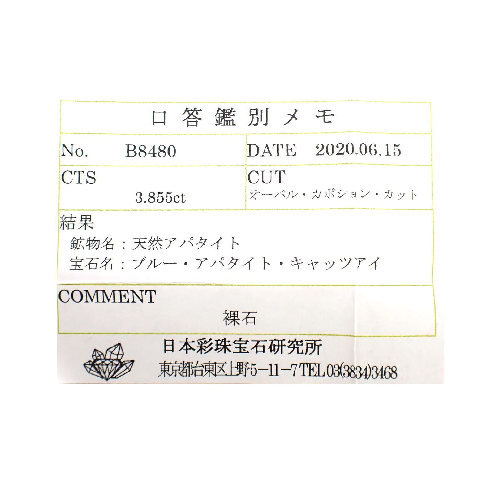 アパタイトキャッツアイ(宝石名ブルー・アパタイト・キャッツアイ)マダガスカル産 3.855ct ソ付(彩珠)[230823093]10.5x8.6mm前後