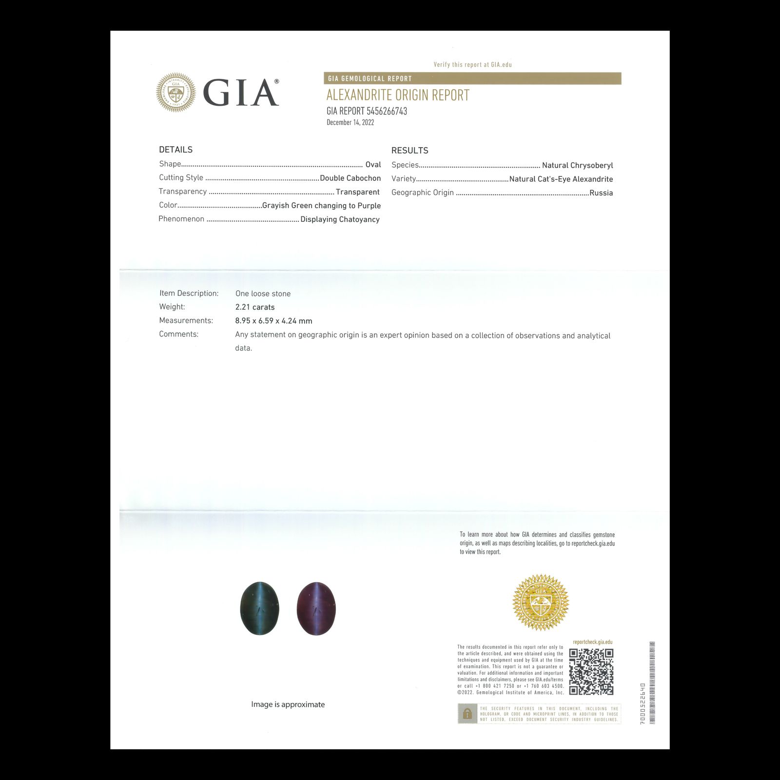 アレキサンドライトキャッツアイ(宝石名アレキサンドライト/キャッツアイ)ロシア産 2.21ct GIA鑑付[230522280]8.95x6.59mm前後