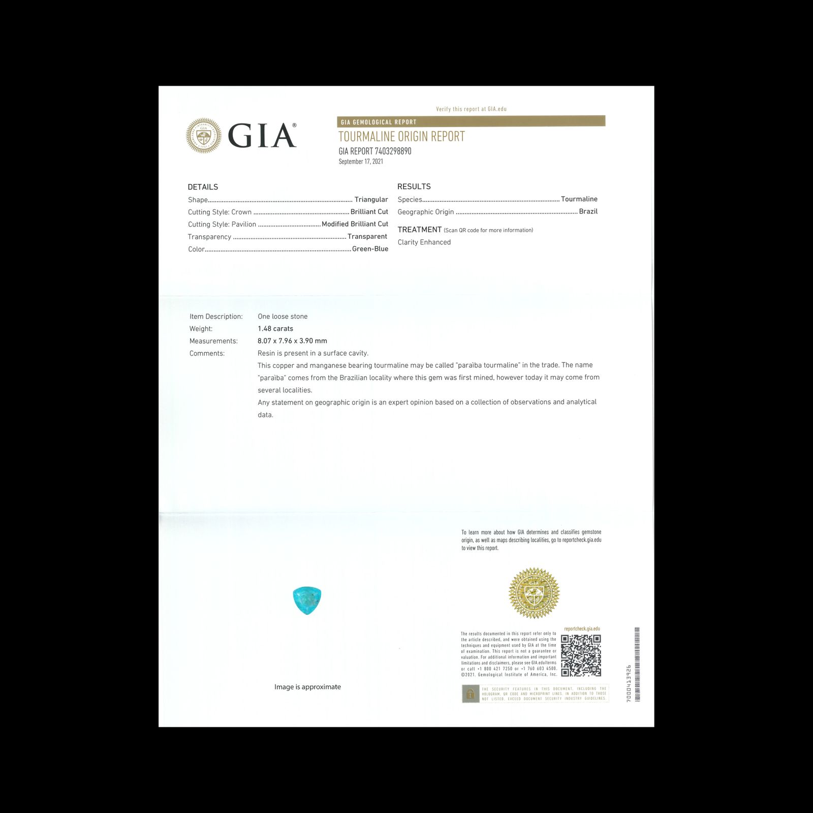 パライバトルマリン(宝石名トルマリン/別名パライバ・トルマリン)ブラジル産 1.48ct GIA鑑付[231224822]8.07x7.96mm前後