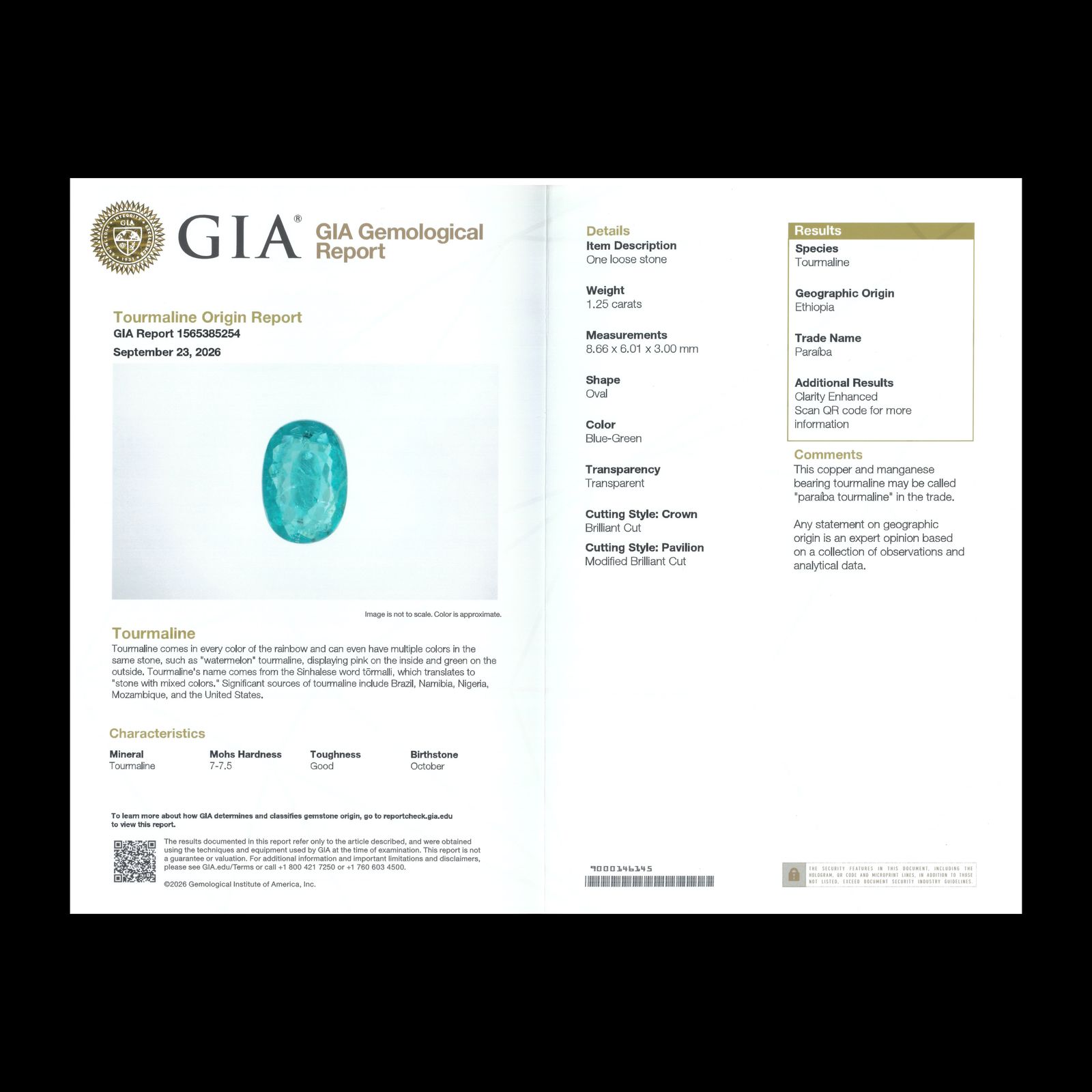 パライバトルマリン(宝石名トルマリン/別名パライバ・トルマリン)エチオピア産 GIA鑑付 1.25ct / 8.66x6.01mm前後 [260933199]