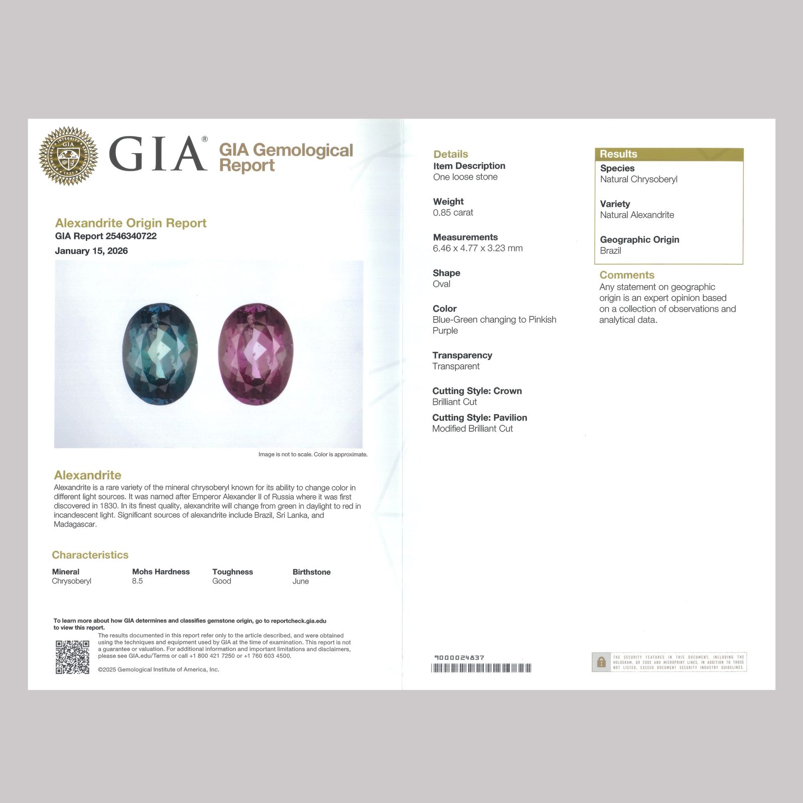 アレキサンドライト ブラジル産 GIA鑑付 0.85ct / 6.46x4.77mm前後 [230522277]