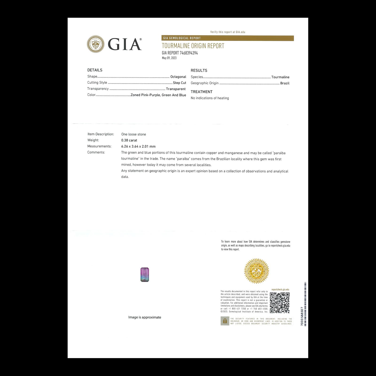 パーティカラーパライバトルマリン 非加熱(宝石名トルマリン/別名パライバ・トルマリン)ブラジル産 0.38ct GIA鑑付[230722988]6.26x3.64mm前後
