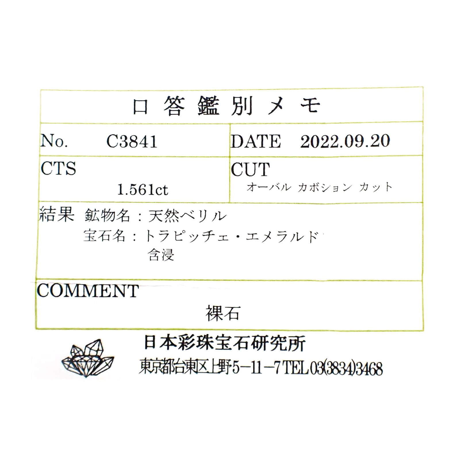 トラピッチェエメラルド(宝石名トラピッチェ・エメラルド)コロンビア・ムゾー鉱山産 ソ付(彩珠) 1.561ct / 8x7mm前後 [221018888]