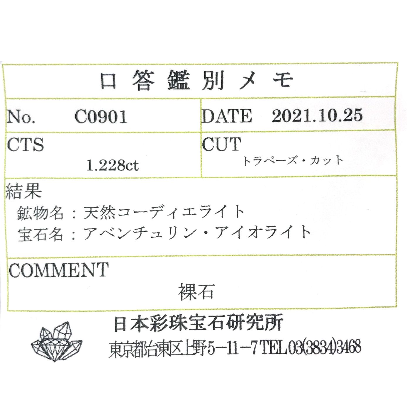 ◇カスタムカット◇アイオライトサンストーン(宝石名アベンチュリン・アイオライト) インド/ブラジル産 1.228ct ソ付(彩珠)[210711617]6.7×9.9mm前後