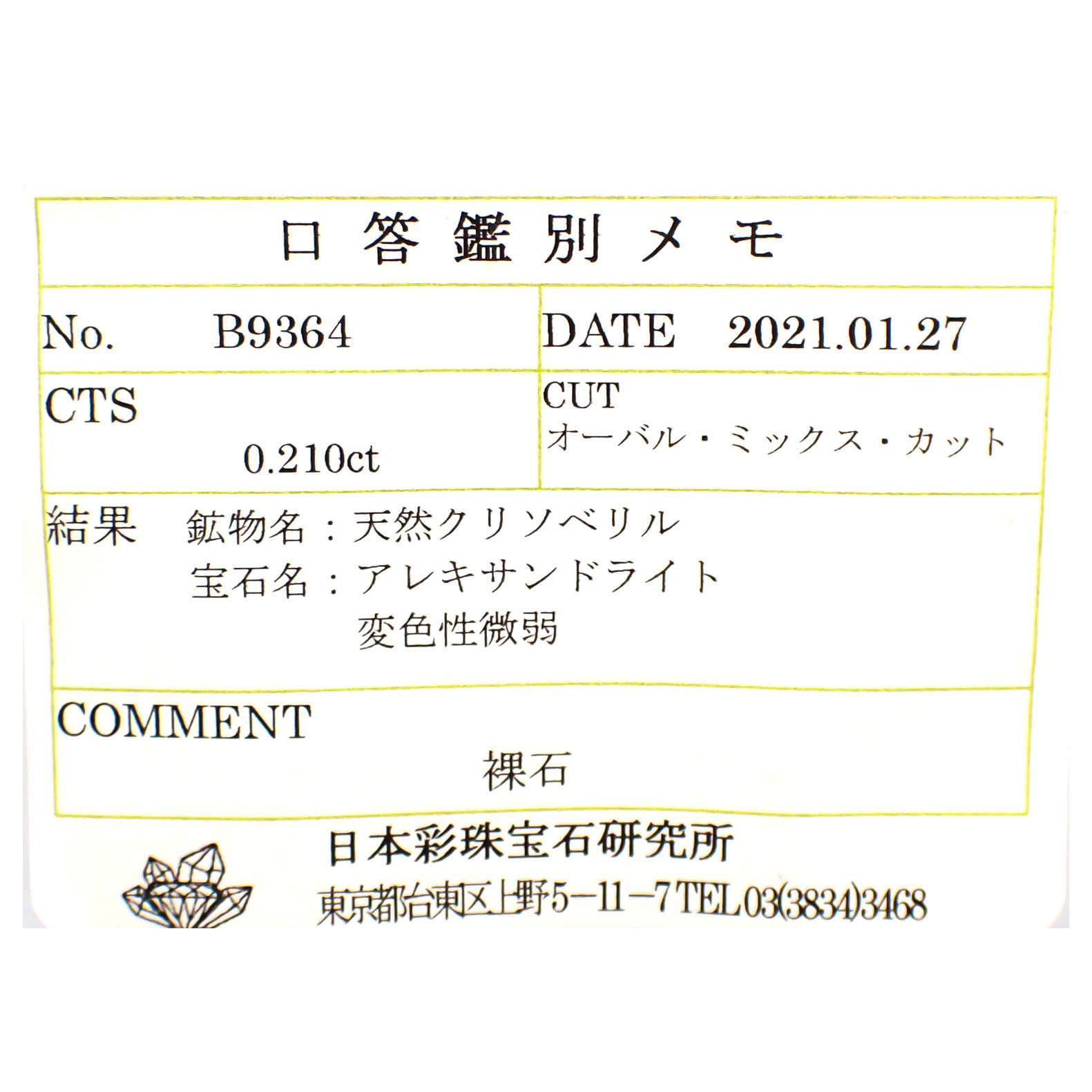 アレキサンドライト(宝石名アレキサンドライト) マダガスカル産 0.210ct ソ付(彩珠)[20117007]3.6×3.1mm前後