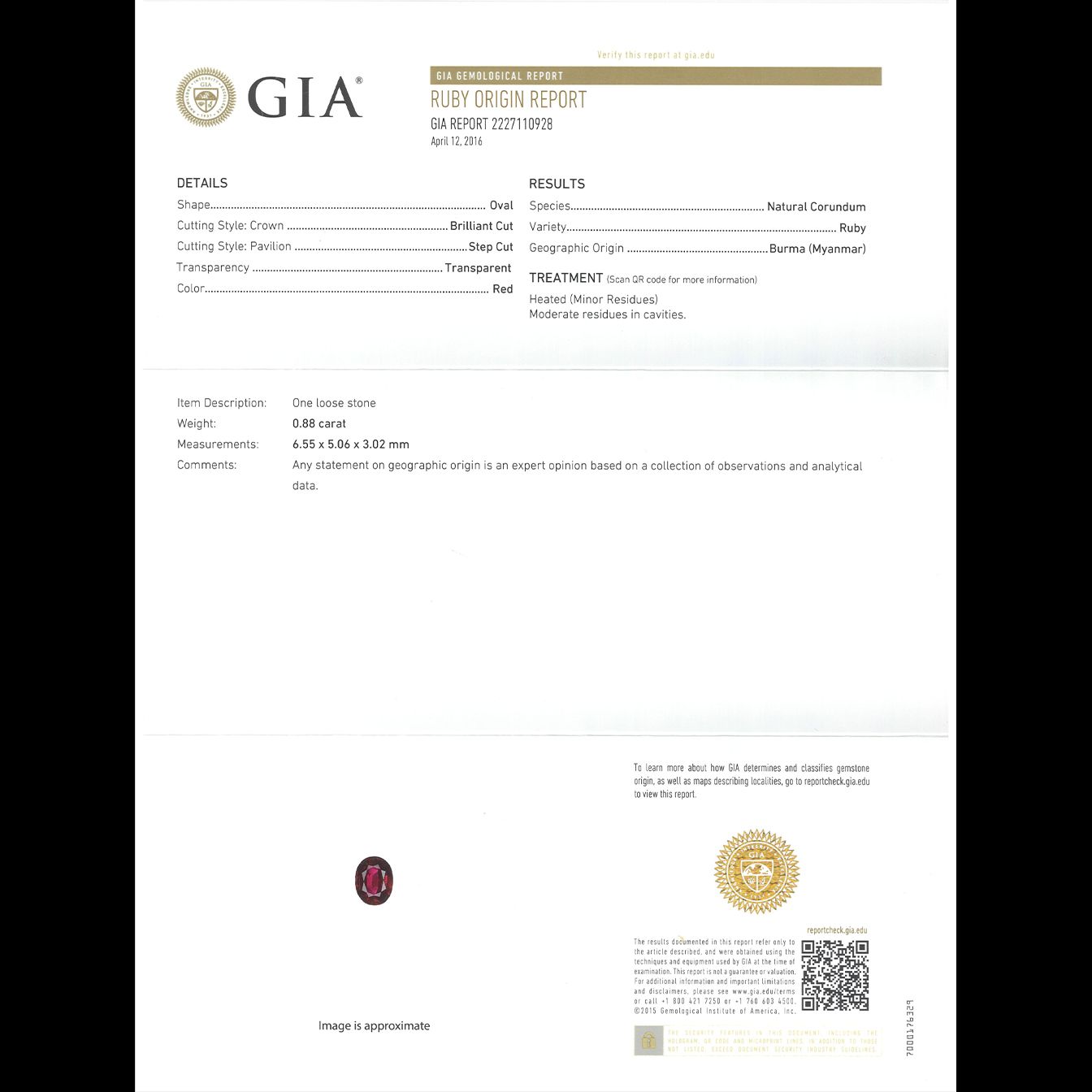 ルビー(宝石名ルビー)ビルマ産 0.88ct GIA鑑付[250630564]6.55x5.06mm前後