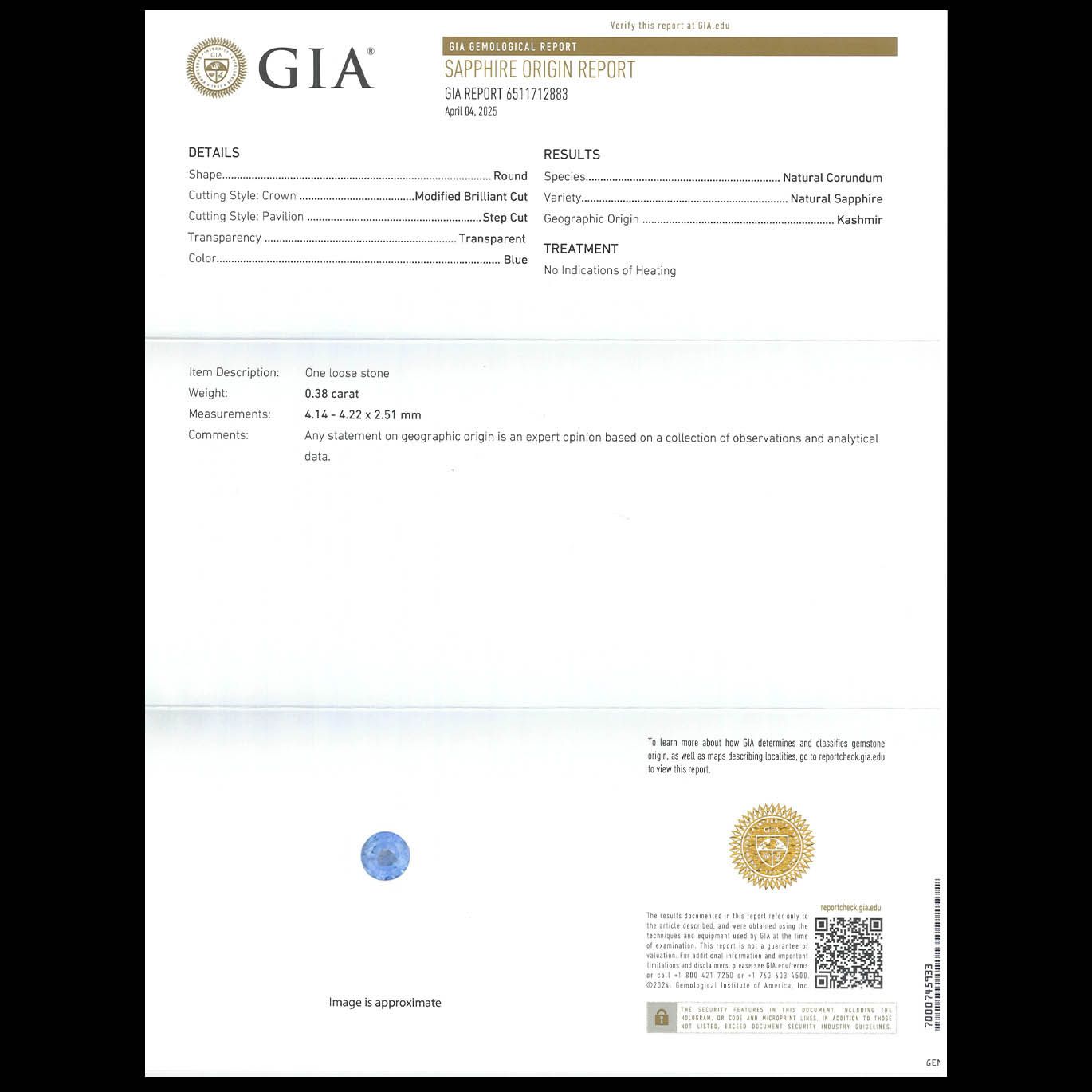 カシミールサファイア 非加熱(宝石名ブルー・サファイア)インド・カシミール地方産 0.38ct GIA鑑付[250530412]4.14x4.22mm前後