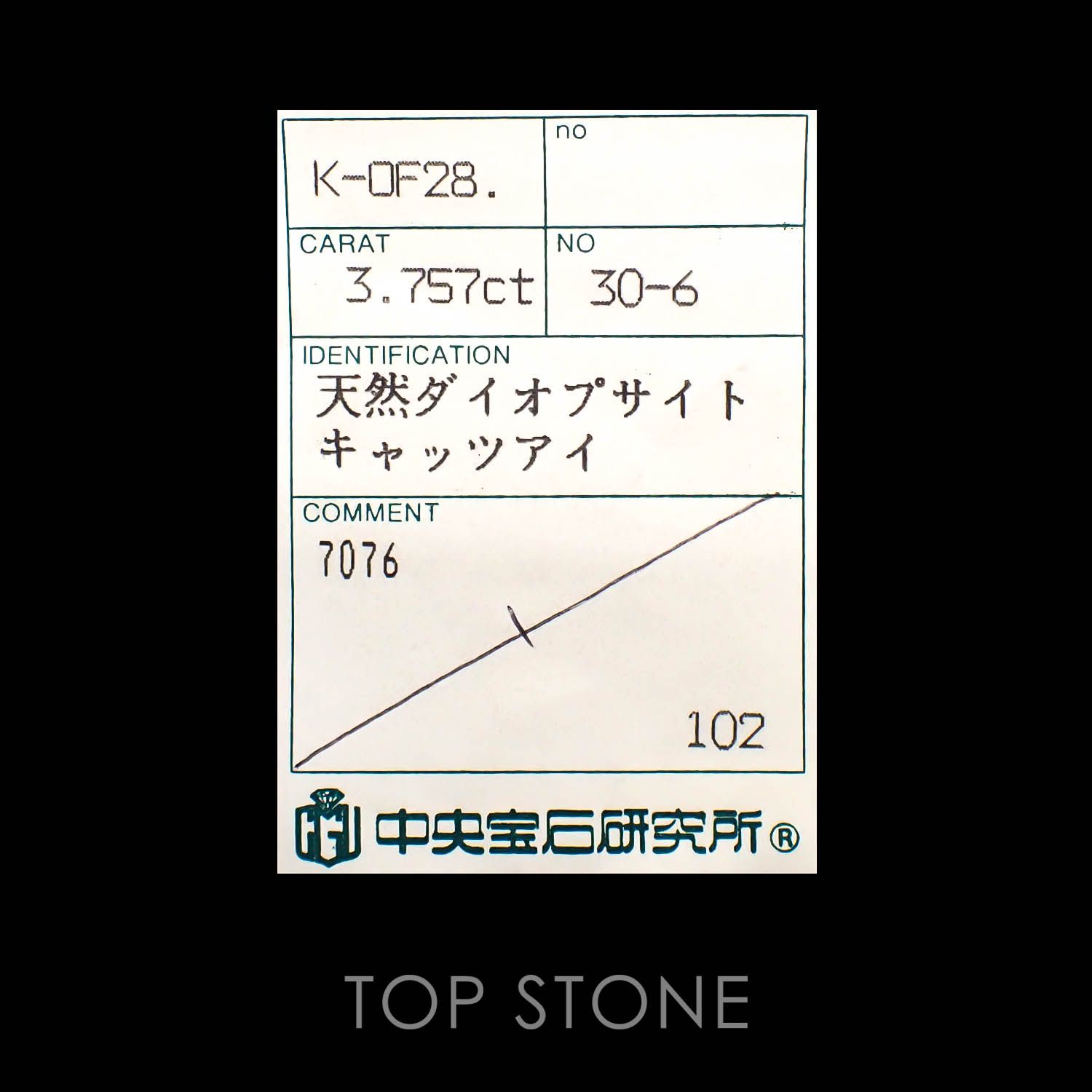 ダイオプサイドキャッツアイ(宝石名ダイオプサイト・キャッツアイ)ロシア産 3.757ct ソ付(CGL)[230120302]10x8.1mm前後
